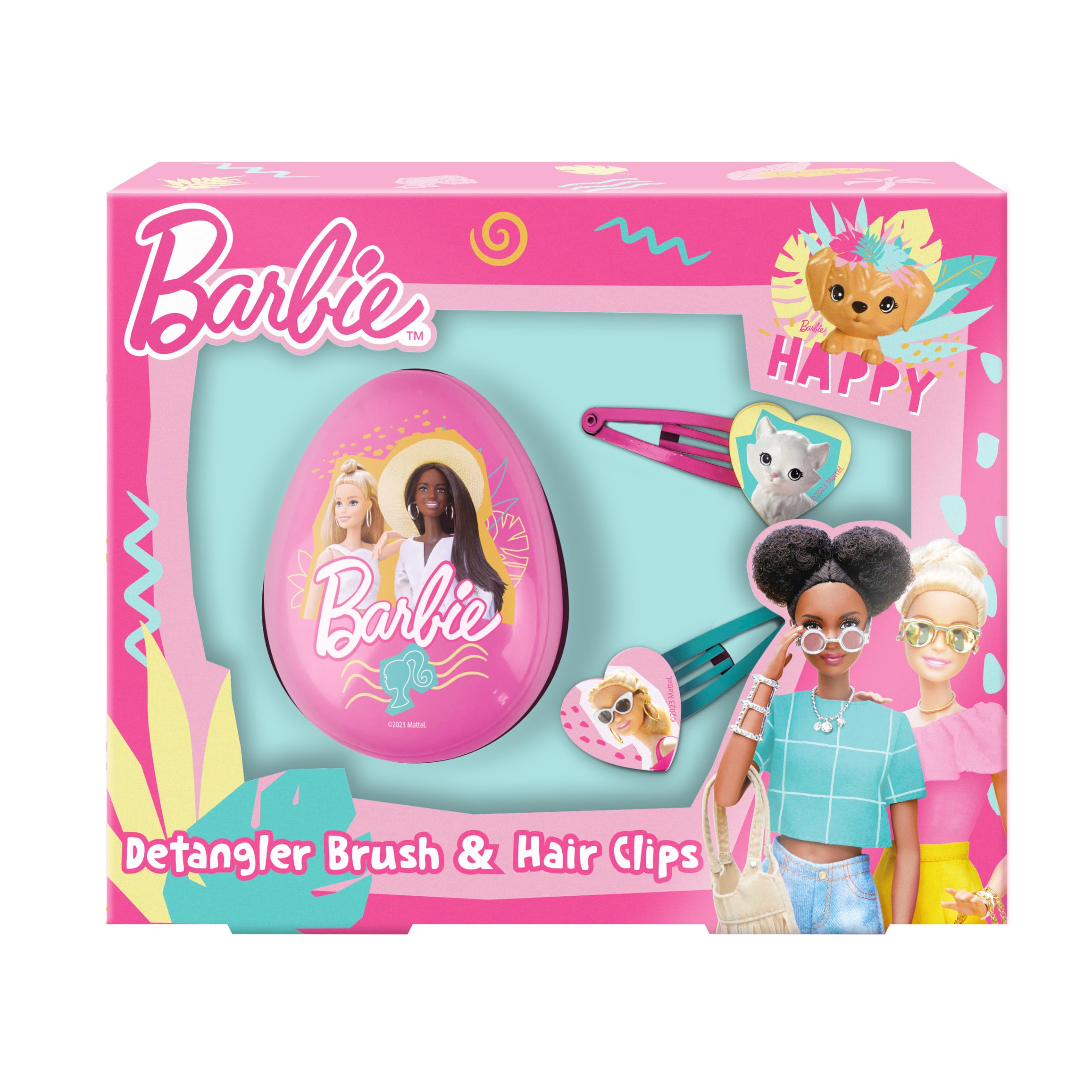 Children's Detangling Hair Brush & Hair Clips Set – Kids Hair Brush for Wet & Dry Hair with 2 Matching Hair Clips – Girls Hair Accessories Gift – Official Barbie Merchandise