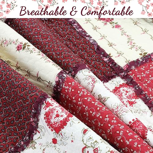 Miniatura 7 de Cozy Line Home Fashions Juego de ropa de cama reversible de algodón reversible de 3 piezas con estampado floral de rosa roja y volantes festoneados