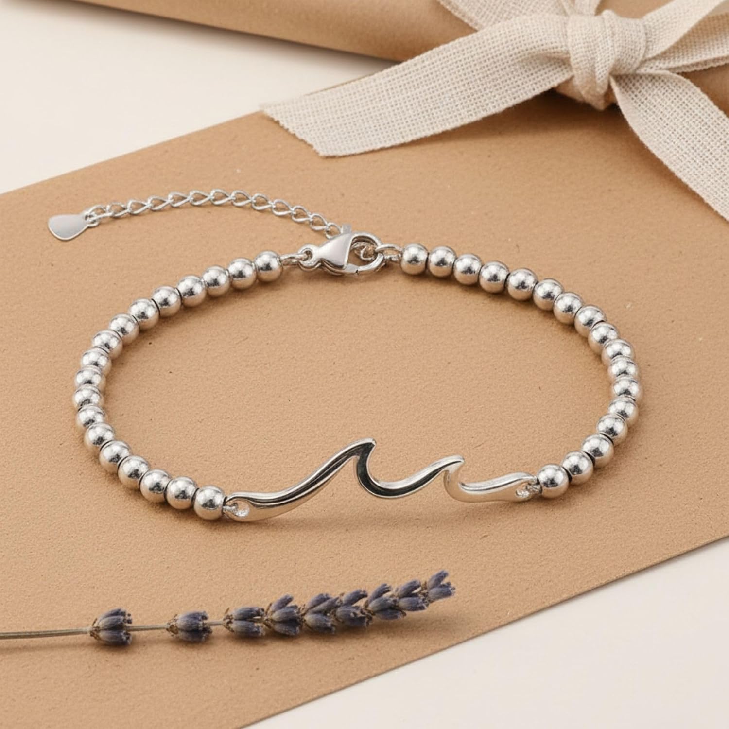 Solza Stainless Steel Wave Bracelet for Women – Adjustable Beaded Bracelet with 6mm Imperial Jasper Stones – Silver Plated Stainless Steel Beaded Jewelry Bracelet for Women & Gifts