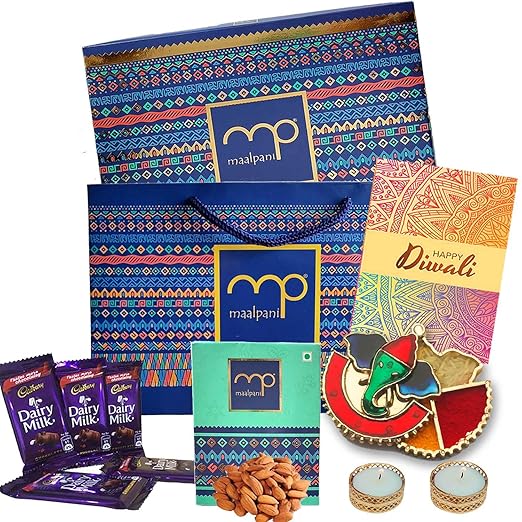 Maalpani Deepawali Gift Hamper , Diwali Gift Pack /50g Dry Fruits / 2 Tealight Diya Gift Hamper , 5 Cadbury Chocolate with ,Diwali Gift Box , Diwali