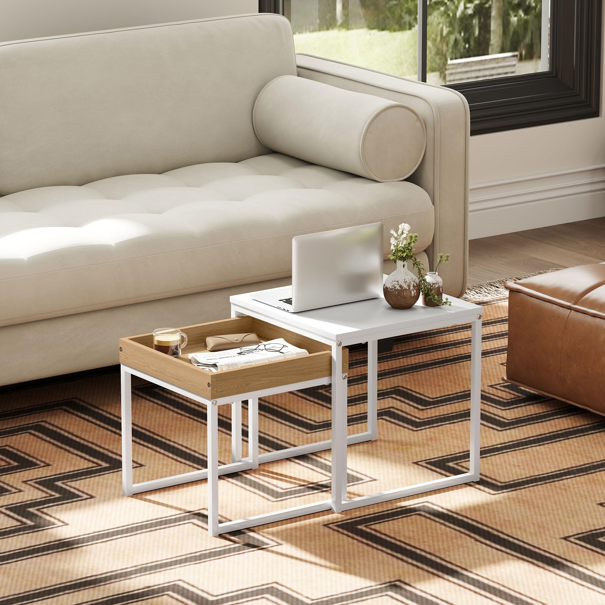 HOMCOM salontafel, set van 2 bijzettafels, salontafel met marmerlook, settafel, salontafel met stalen frame, woonkamertafel voor slaapkamer, wit