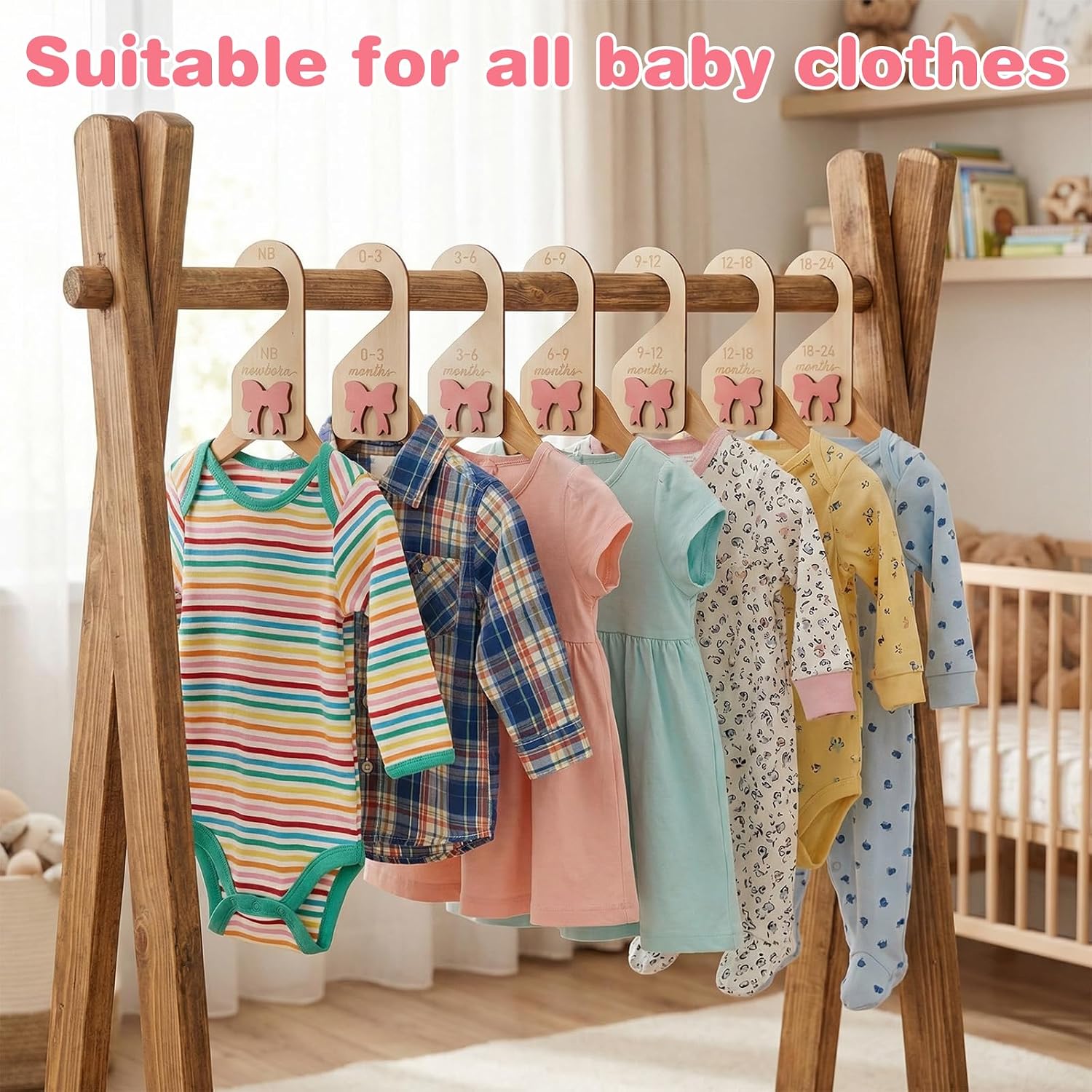 8Pcs Baby Closet Dividers - Bow Nursery Decor For Girl - Wooden Baby Clothes Size Dividers for Newborn to Toddler, Adorable Nursery Decor Hanger Dividers Easily Organize Your Little Baby Girls or Boys