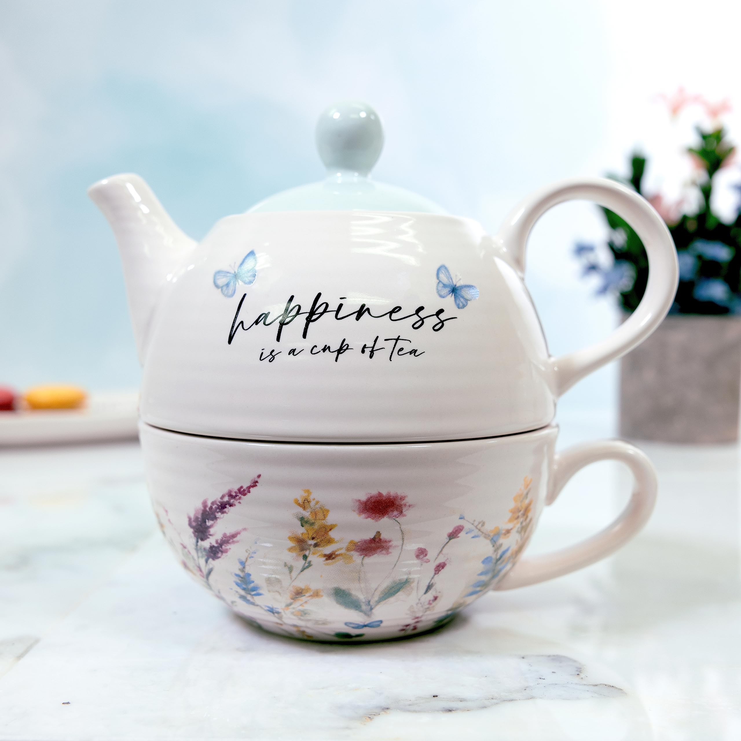 Pawilon - Happiness 410 ml ceramiczny czajniczek i zestaw filiżanek do herbaty, akwarela kwiatowa herbata dla jednego zestawu, kwiatowy czajniczek z kubkiem, ułożony w stos czajnik, letnia dekoracja