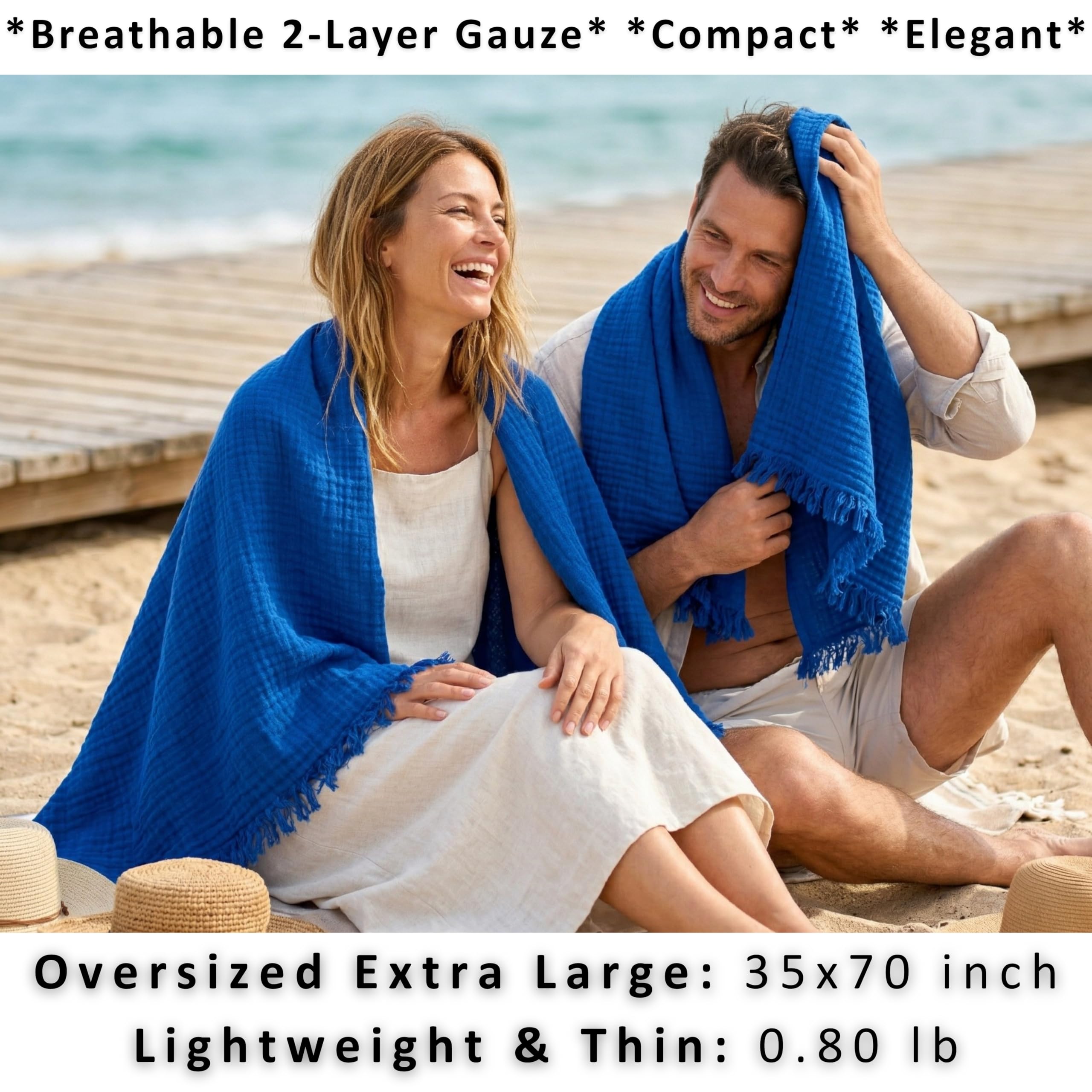Badetücher 2er Set Luxus Musselin Handtücher für Erwachsene - Luxus 100% türkische natürliche Baumwolle Musselin Stoff Hamamtücher - Extra weich, saugfähig, schnell trocknend, leicht (Blau)