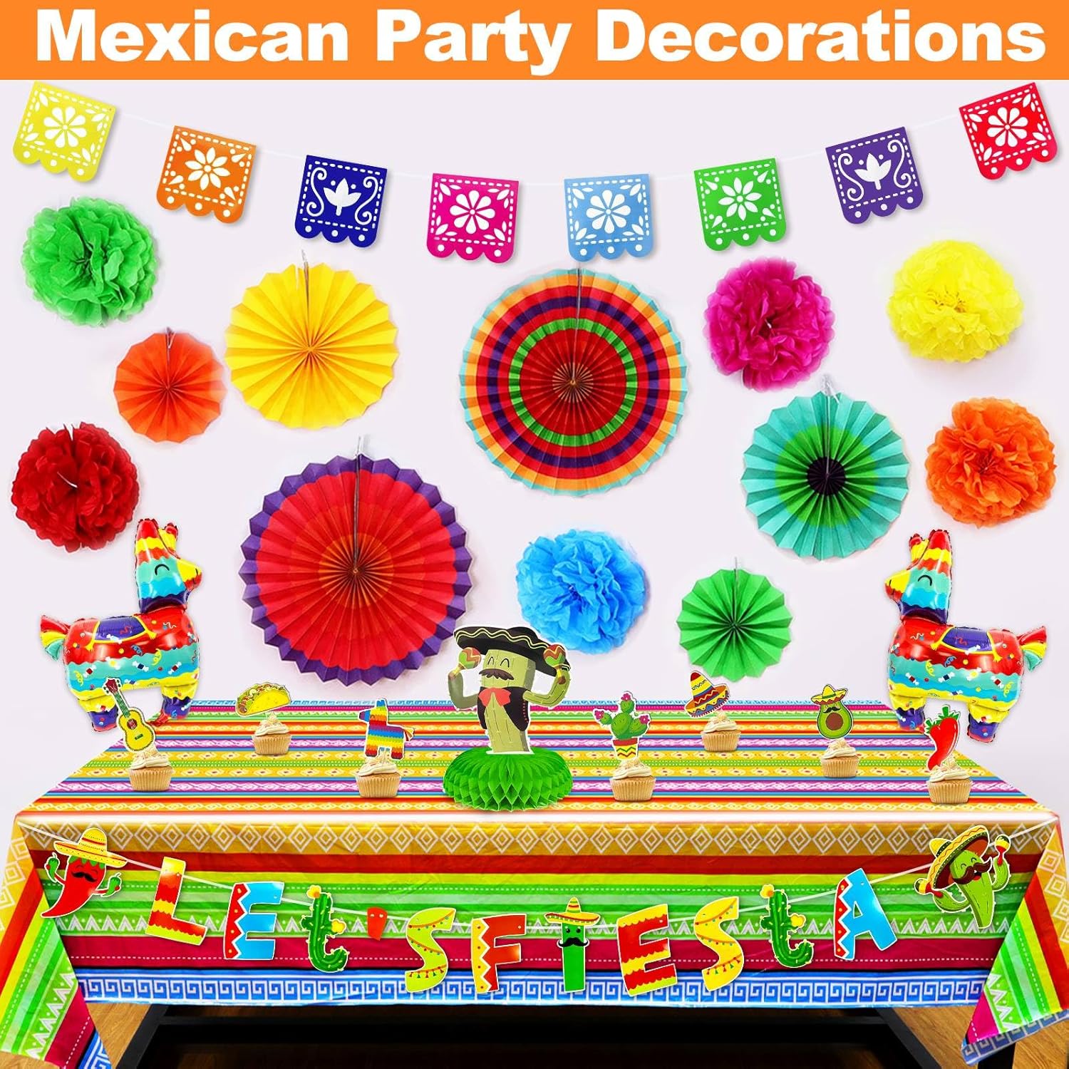 8 Varieties 25 Pcs Cinco De Mayo Decorations Mexican Party Decorations Fiesta Party Decorations Paper Fans Pom Poms Llama Balloons Banners Table Runner Honeycomb Decor Cupcake Toppers Taco Party Favor