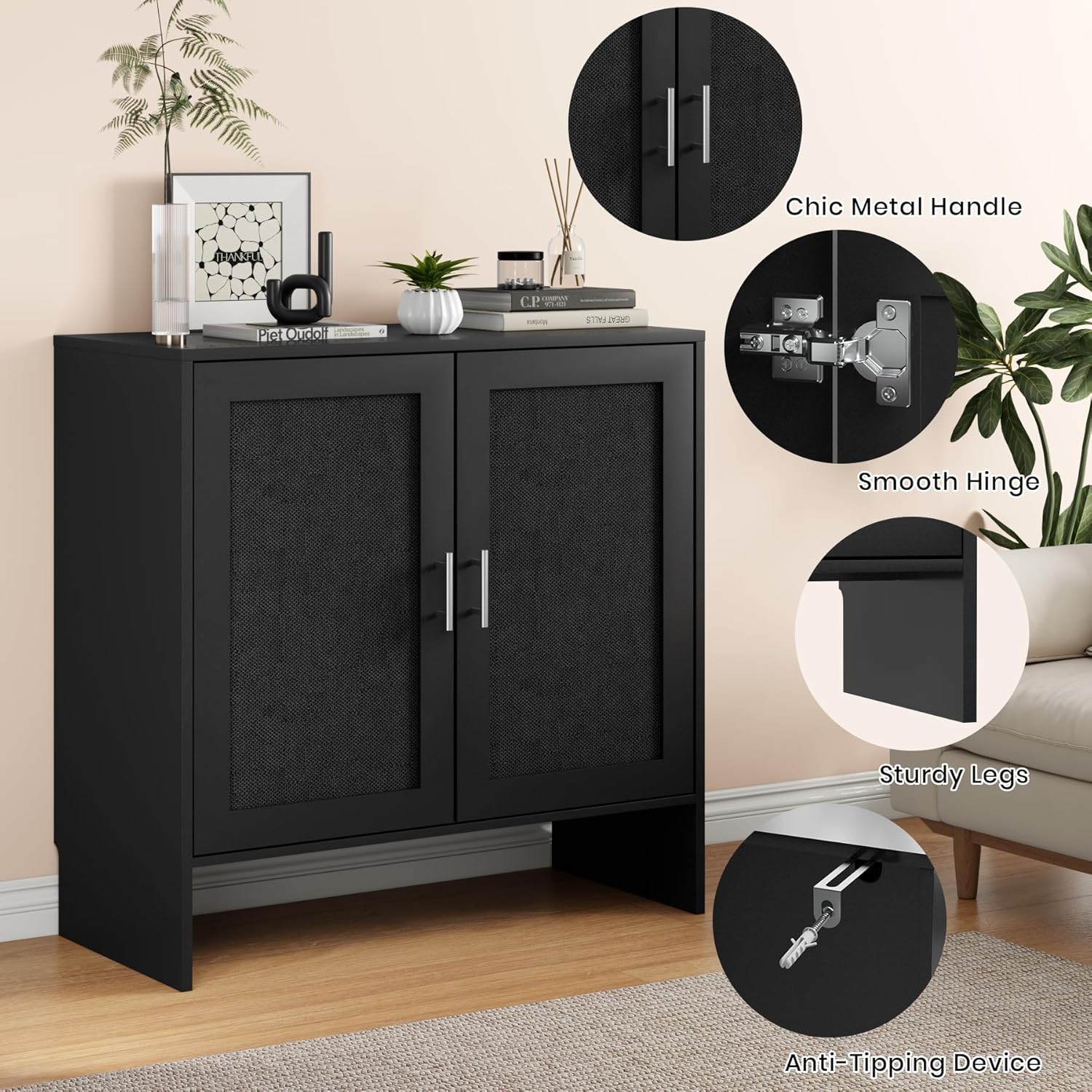 DHZ Buffet Cabinet with Storage & Adjustable Shelf - Farmhouse Sideboard with Black Rattan Decorated Doors, Coffee Bar Cabinet for Kitchen, Dining Room Organizer