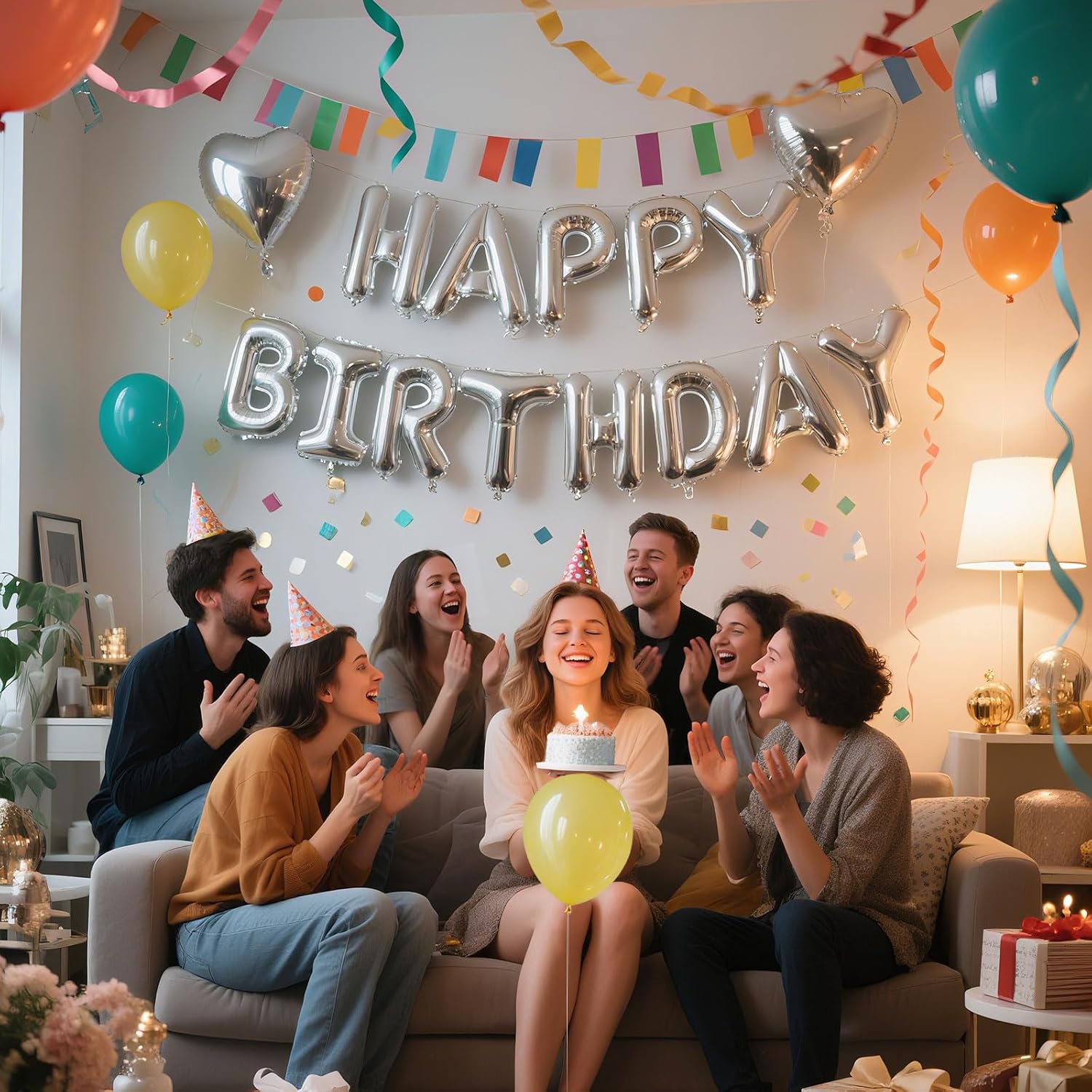 Silver Happy Birthday Banner, 13pcs Mylar Foil 3D Letter Balloons Happy Birthday Sign Balloon for Wall Backdrop Baby Shower Welcome Party Supplies and Decorations for Women, Men, Boys & Girls thumbnail