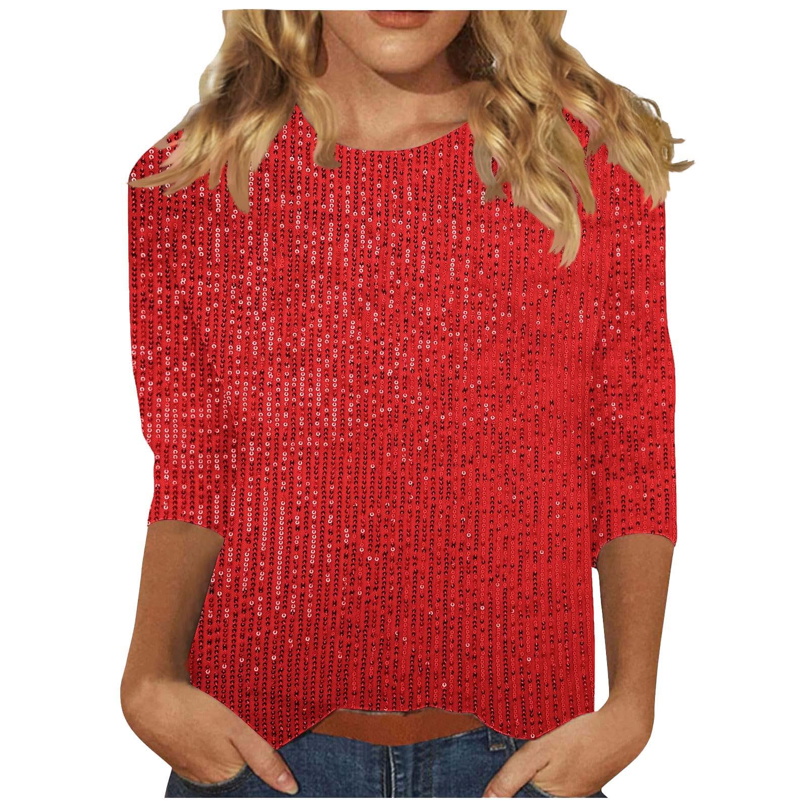 KHIRVWL Top Donna Casual a Stampa Brillante Scollo Tondo Maniche 3/4 Magliette Sparkly Curvy Manica a Campana Sequin Camicia Glitter Nera Capodanno Maglie Brillantini Sera Top Cerimonia Camicette