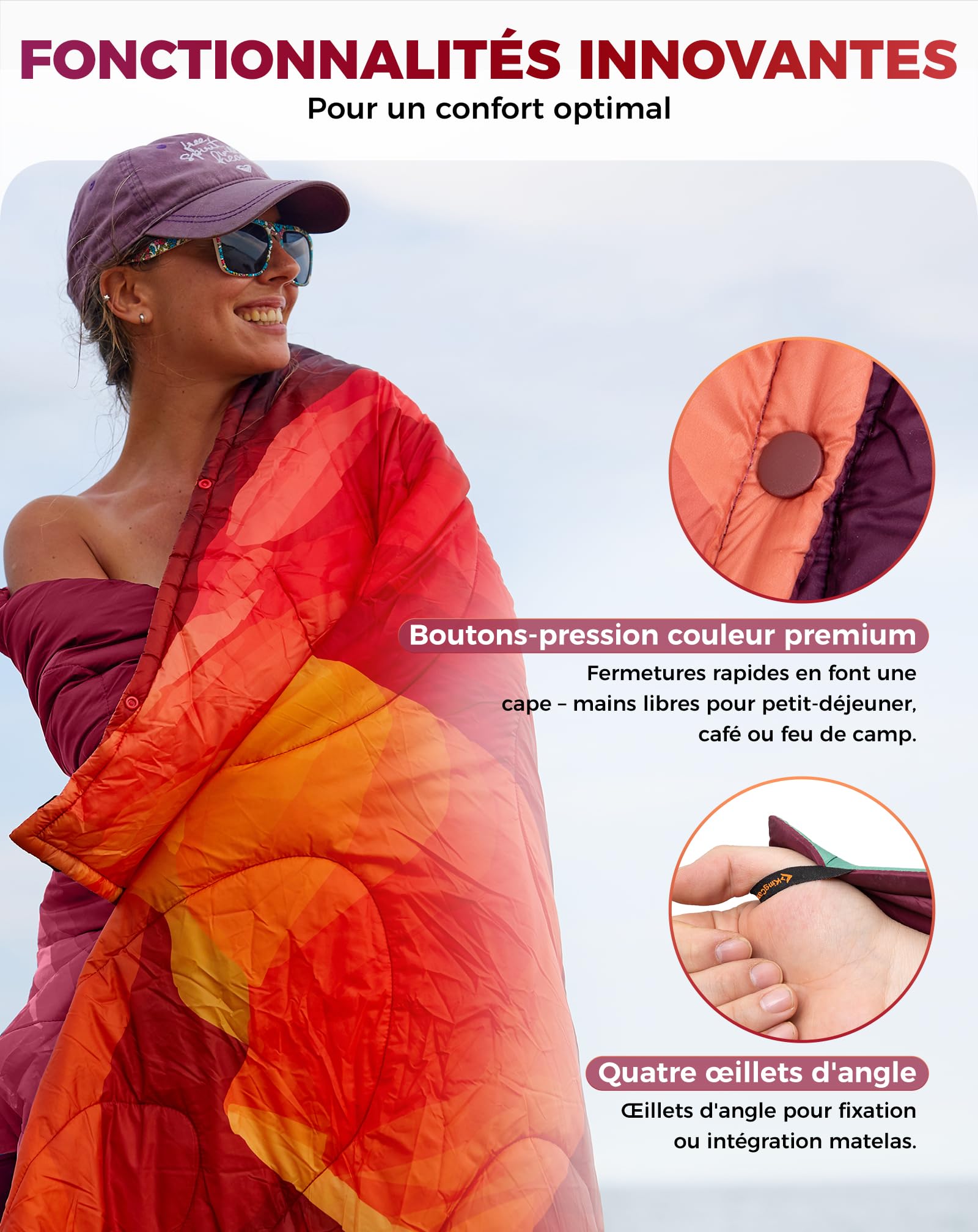KingCamp Couverture de Camping Imperméable et Légère,Pliable,Compacte,Couverture Thermique,Couverture de Voyage,pour Plage, Randonnée,Voiture,Extérieur et Intérieur,200 x 145 cm,Montagne Orange