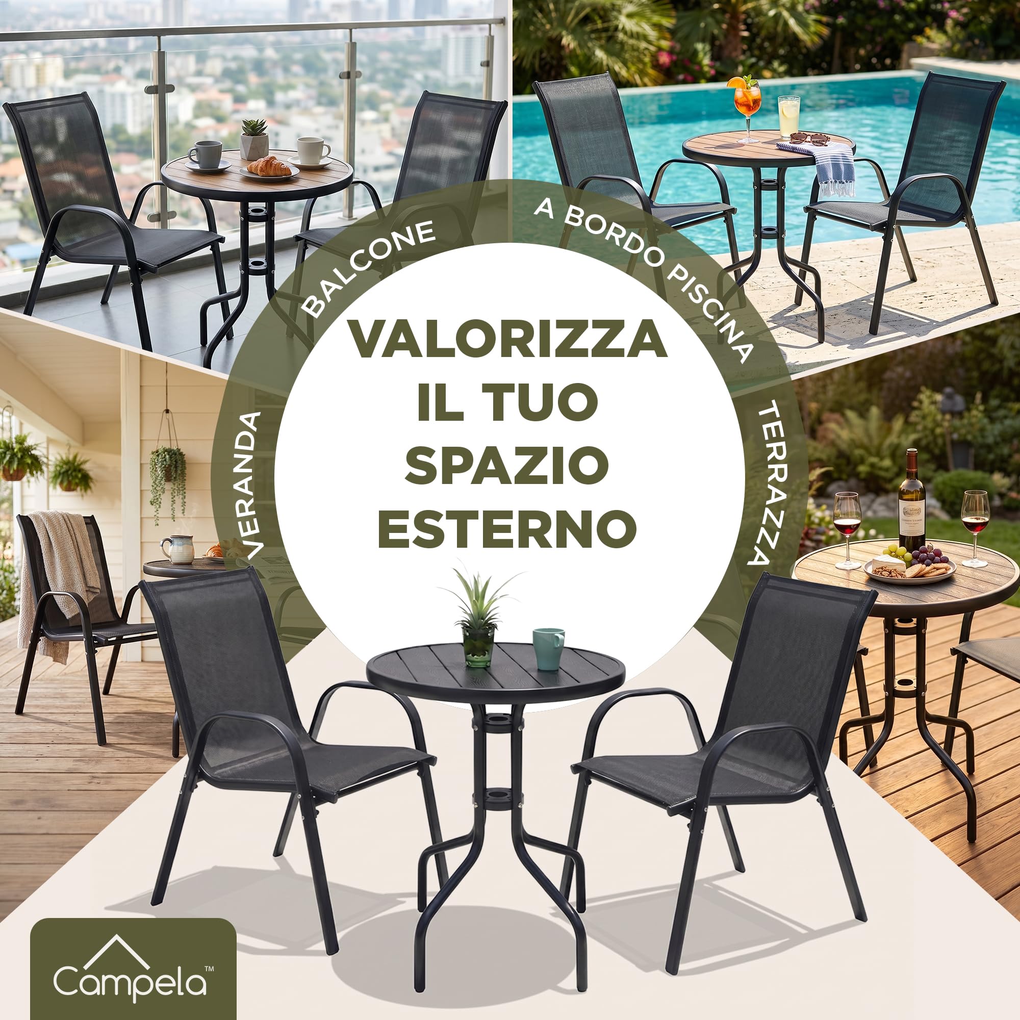 CA1045 Set bistrot da balcone – Tavolo rotondo con 2 sedie impilabili – Struttura in acciaio verniciato, sedute in textilene – Per esterni, grigio scuro
