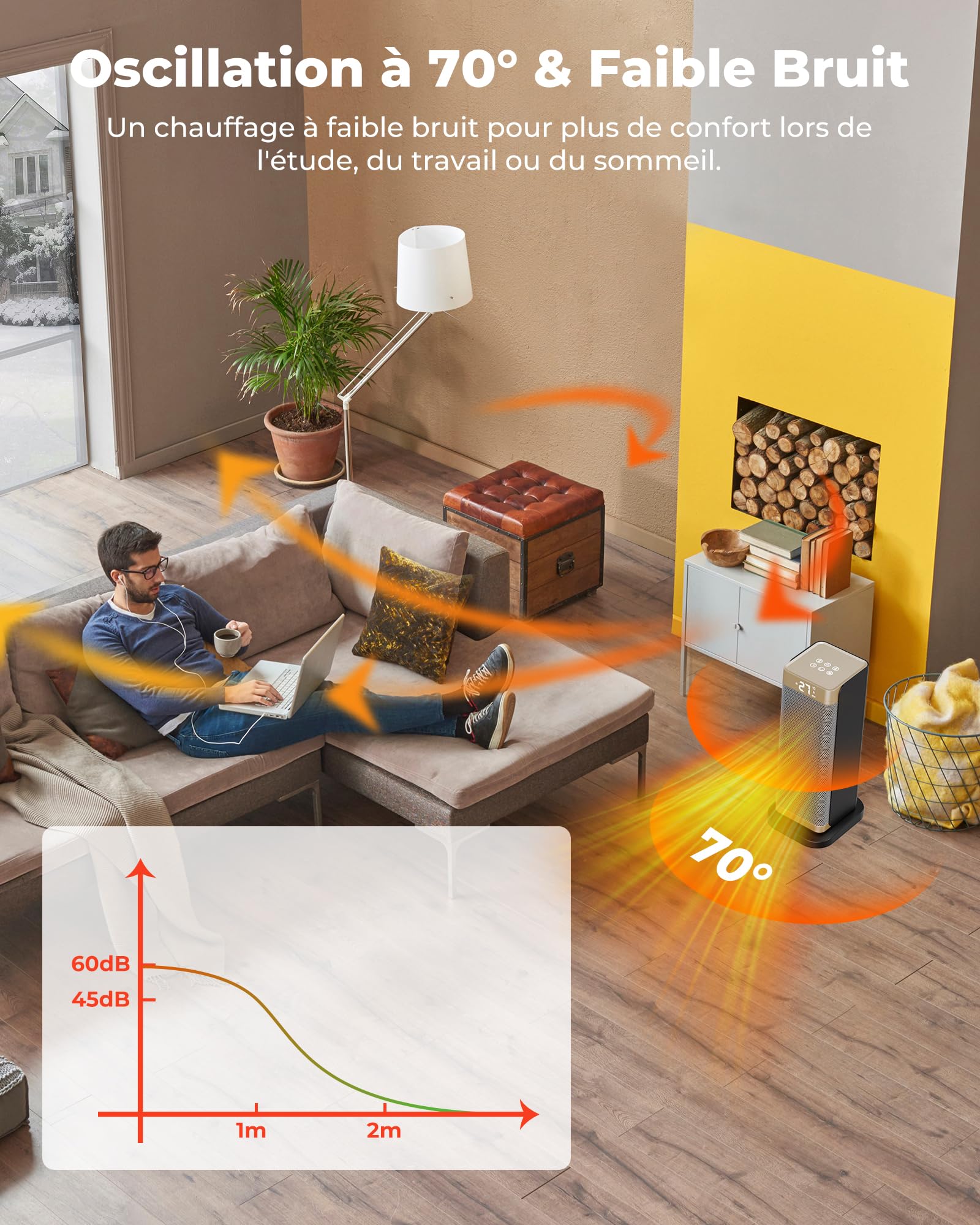 Chauffage d'Appoint - 2000W PTC Chauffage Soufflant,Mode ECO,Minuterie 12H,Oscillation 70°,3 Modes,Télécommande,Protection contre Basculement/Surchauffe,Radiateur Soufflant Faible Bruit,Portable