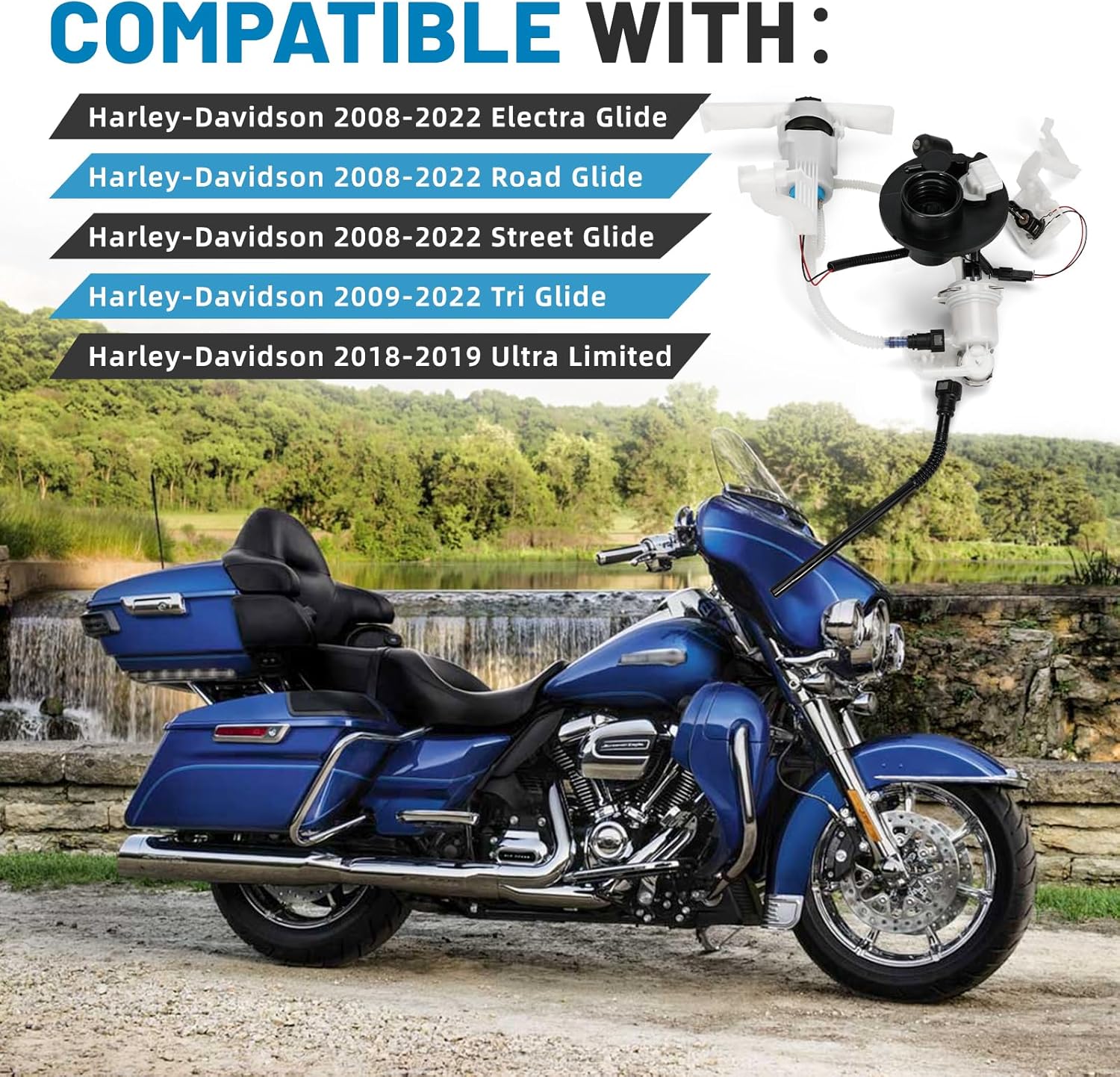 Electric Fuel Pump Module Assembly Compatible with Harley-Davidson 2008-2022 Electra Road Street Tri Glide, 2018-2019 Ultra Limited Replacement 6290808