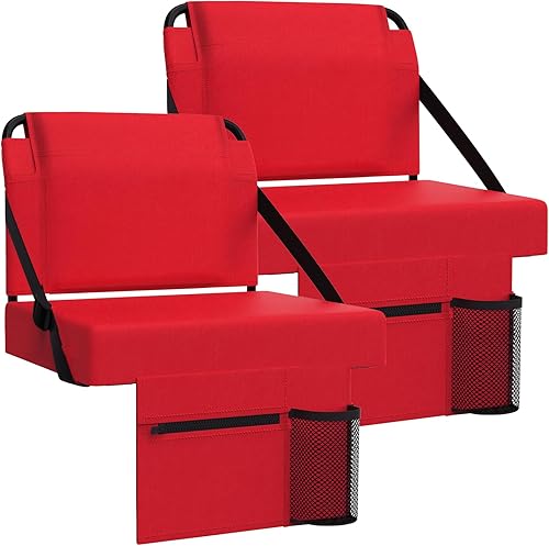 ACIPENSER 2pcs Stadium Seat for Bleachers with Back Support，Portable Bleacher Chairs with Back and Cushion，Includes Shoulder Strap and Cup Holder,Red