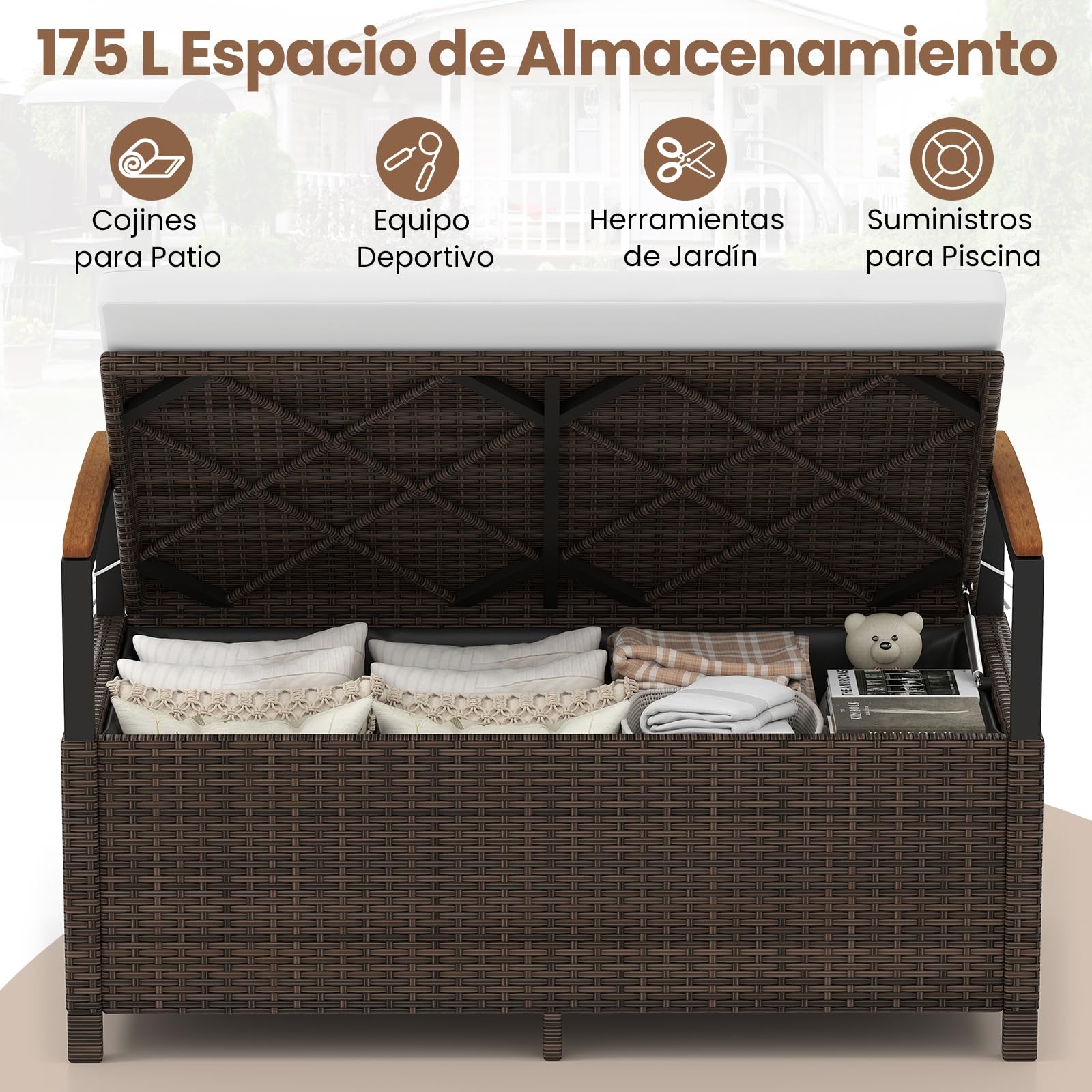 COSTWAY Banco de Almacenamiento Exterior Ratán, 175 L Baúl para Terraza con Cojín, Respaldo y Reposabrazos de Madera de Acacia, Sofá de Mimbre PE con Almacenamiento Oculto y Bolsa Impermeable (Blanco)