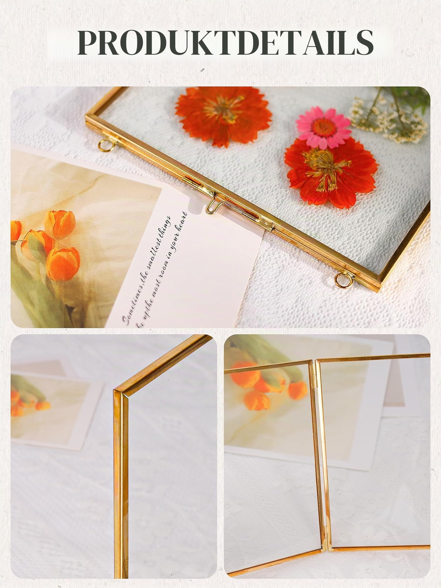 REDHUGO gepresste Blumenrahmen, schwebende Glasrahmen zur Präsentation von getrockneten Pflanzenspezimen, hängender Messing-Fotorahmen mit Kette, doppelt klares Glas, Vintage Wanddekoration, Quadrat