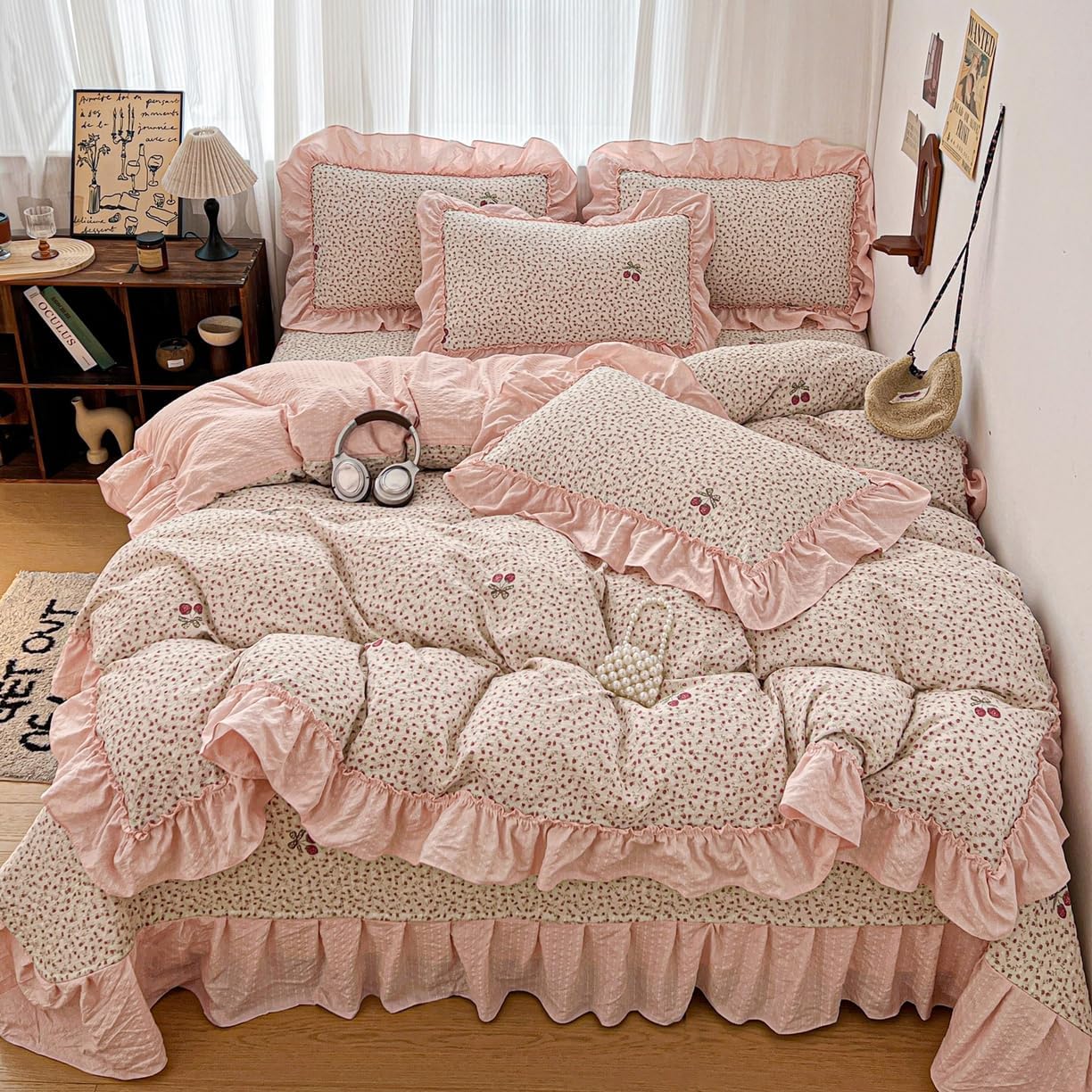 4 Piece Bedspread Set with Ruffled Bed Skirt, Puff Gauze Quilt Cover Set, Soft Polyester Bedding with Pillow Shams, Floral Polka Dot Pattern Dark Night Rose Queen Size