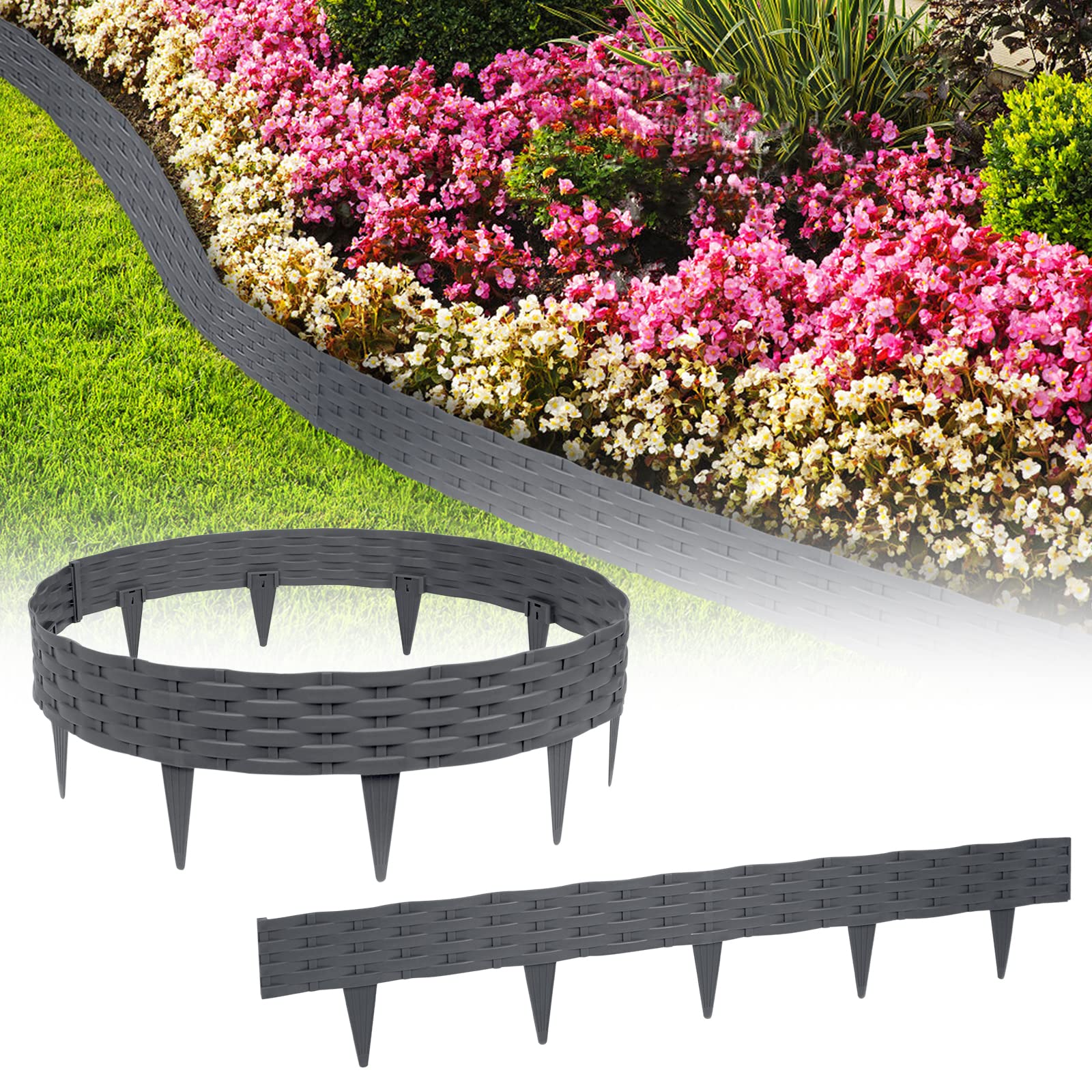 YUENFONG Bordatura per aiuole 20 m Bordo da Giardino Effetto Rattan Recinzione per Giardino, 20 pezzi, 1 elementi da 100 x 20 cm di altezza, Antracite