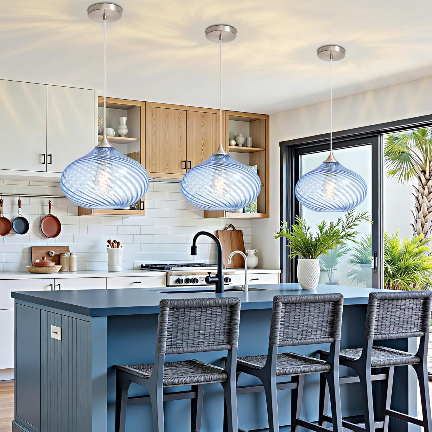 Glass Pendant Lights Kitchen Island, 11'' Brushed Nickel Pendant Lighting Fixtures, Modern Hanging Ceiling Light with Striped Blue Glass Shade for Farmhouse Dining Room Bedroom Hallway(1 Pack)