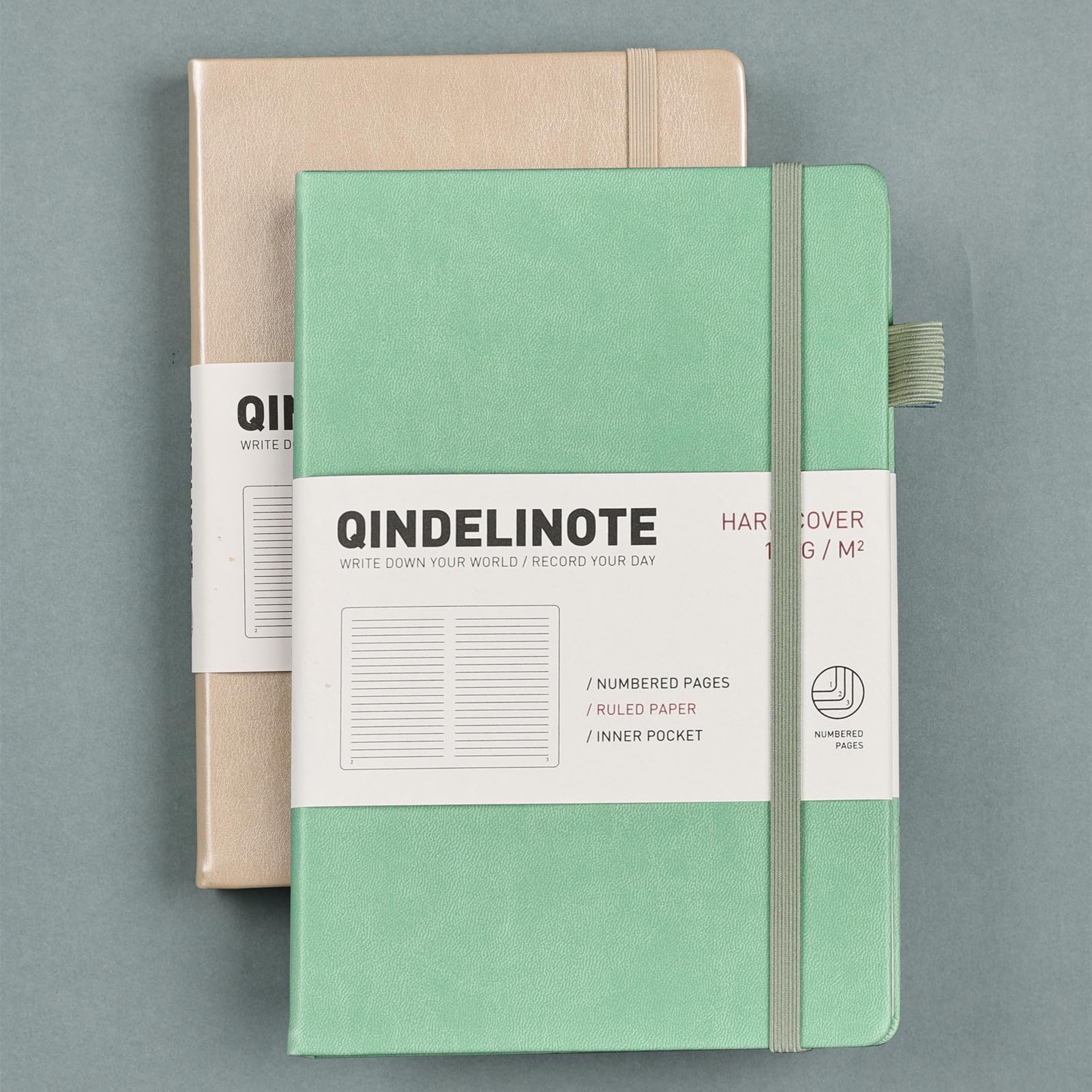 Taccuino a righe formato A5, 192 pagine numerate, con copertina rigida, 100 g/m², carta senza sbavature, copertina rigida con segnalibri, portapenne, tasca interna (verde)
