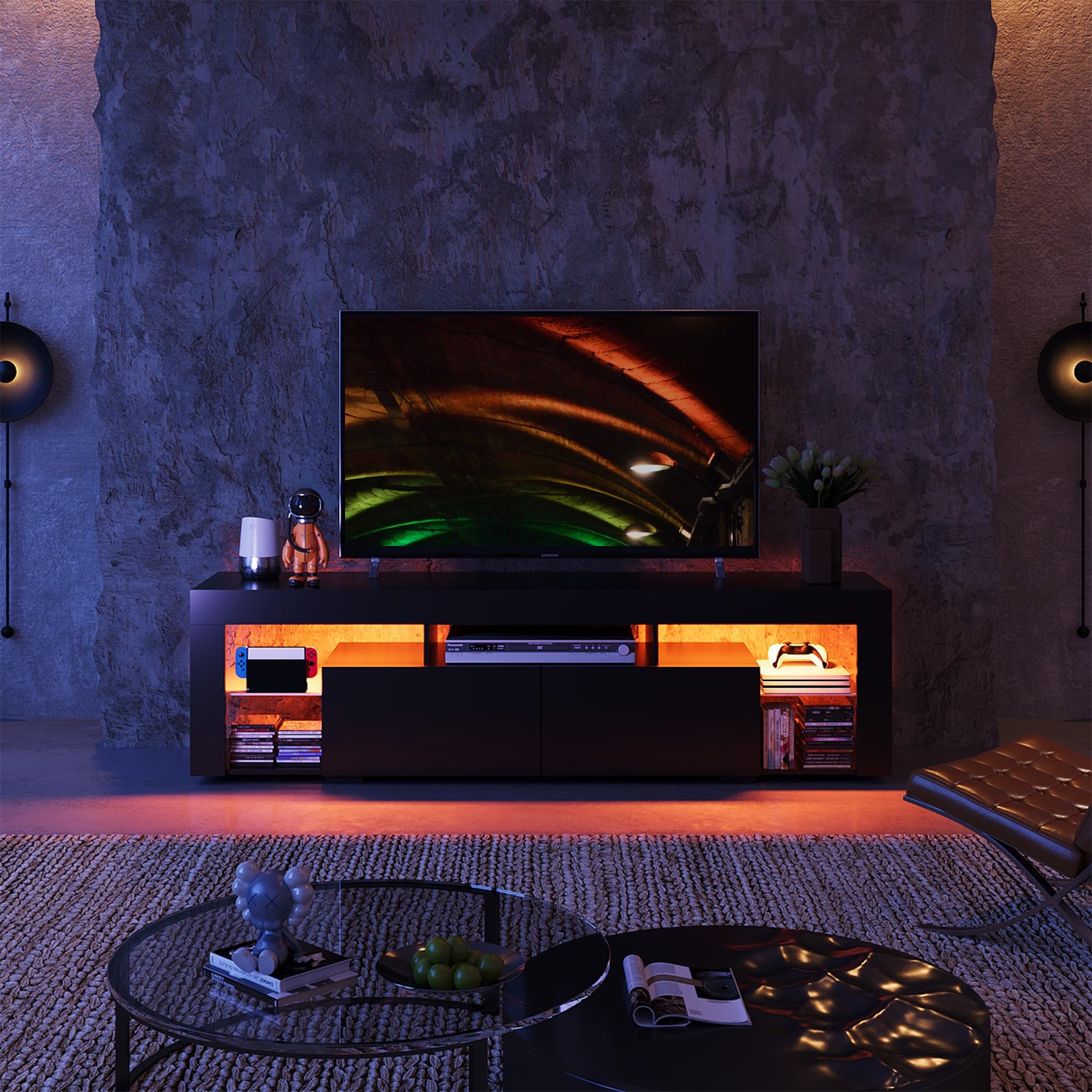 WLIVE TV Schrank mit LED, Lowboard für Fernseher bis zu 70 Zoll, Fernsehtisch für Wohnzimmer, mit Offenen Stauraum und 2 Schubladen, Schwarz
