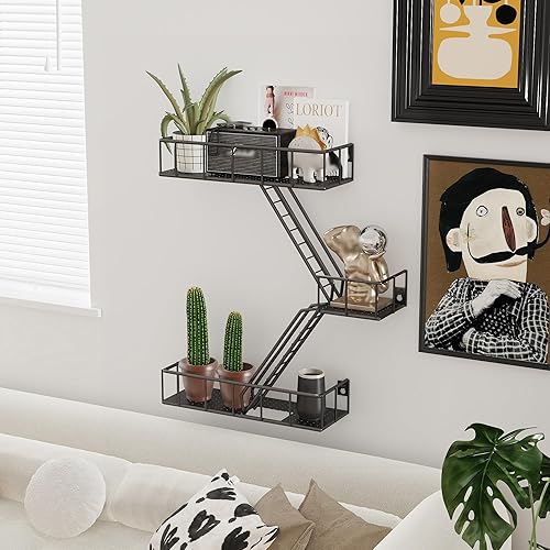 Miniatura 4 de Estante de pared de escalera de escape de incendios de metal, estantes de pared de escape de incendios negros de 3 niveles con cestas, estante de