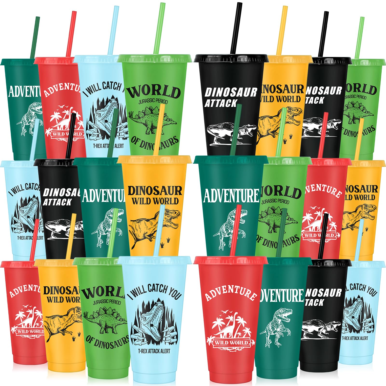 24 Pcs Reusable Plastic Tumbler 710 ml Plastic Cups with Lid and Straw Party Favors Water Bottle Coffee Mug for Party Supplies Birthday Themed Favor Classroom Exchange Gifts - Multicolor Dinosaur โ image 1