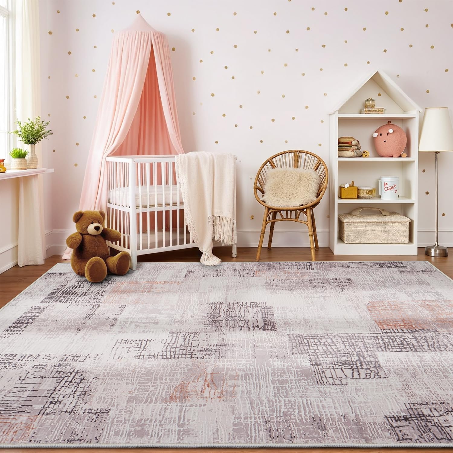 Washable Area Rugs 5x7, Vintage Rugs for Living Room Bedroom, Abstract Indoor Low Pile Non Slip Boho Carpet for Dinning Room, Pink Grey