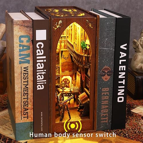 Miniatura 2 de ROCOXIA Kit de rincón de libros para bricolaje, estante de libro, kit de miniaturas iluminadas, sujetalibros para libros, rincones de libros, kit de