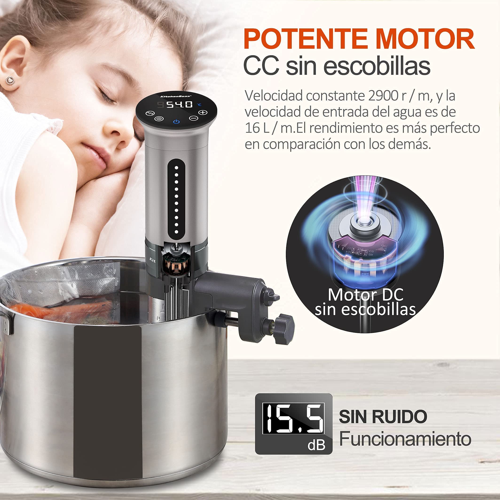 KitchenBoss Sous Vide Roner Cocina Baja Temperatura 1100W Inmersión a Prueba de Agua IPX7 Circuladores Control de Temperatura de Precisión