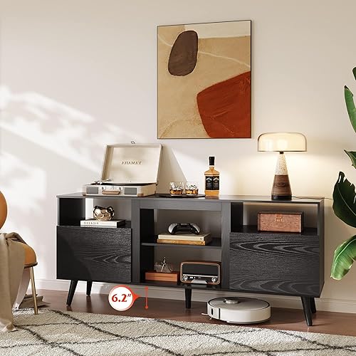 Miniatura 2 de WLIVE Soporte de TV moderno Mid-Century para TV de 55, 60 y 65 pulgadas, centro de entretenimiento con estante extra abierto y gabinetes de