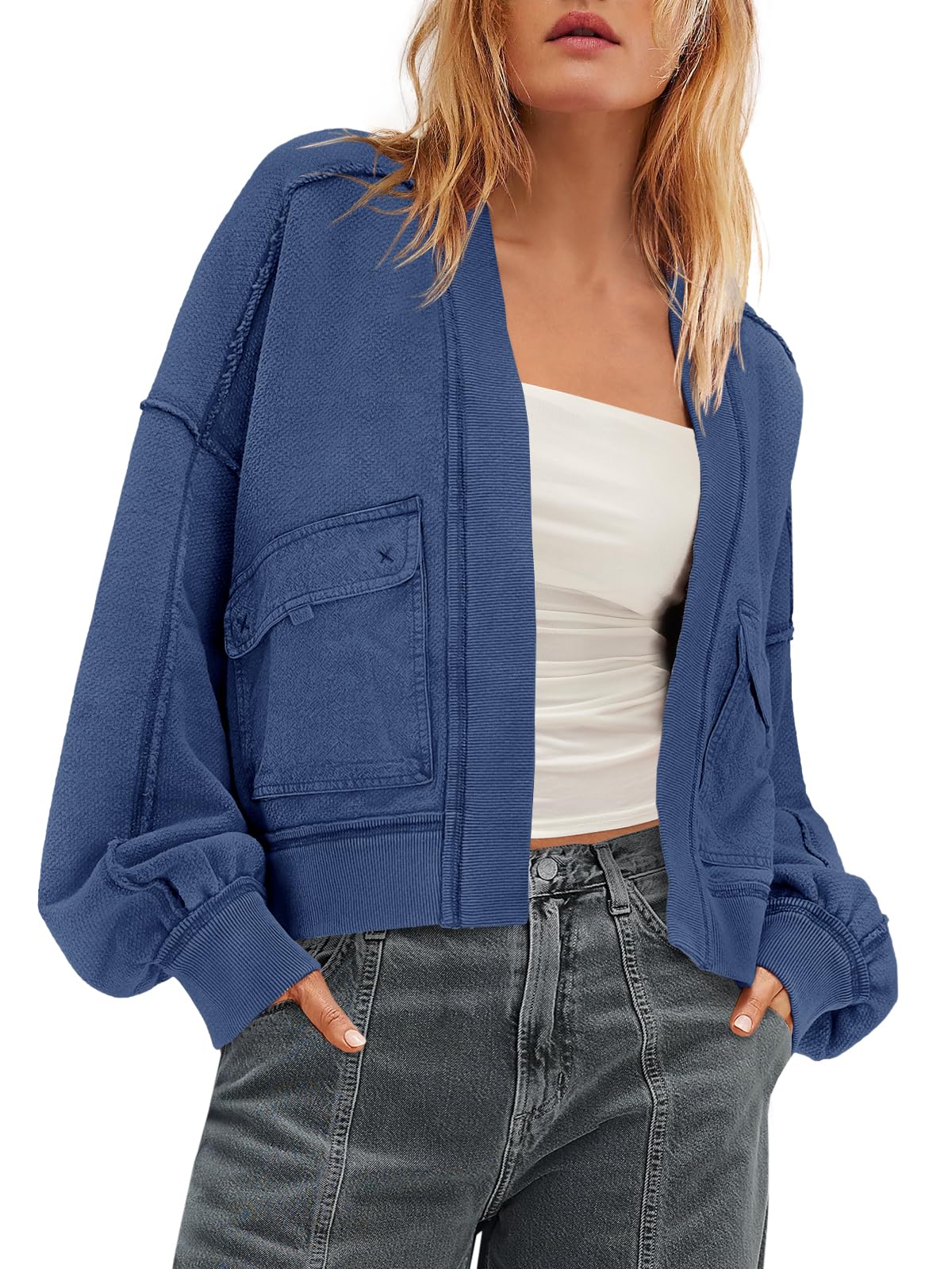 Womens Sweatshirt Cardigan Open Front Oversized Sweatshirt Drop Shoulder Long Sleeve Jackets with Pockets-image-45