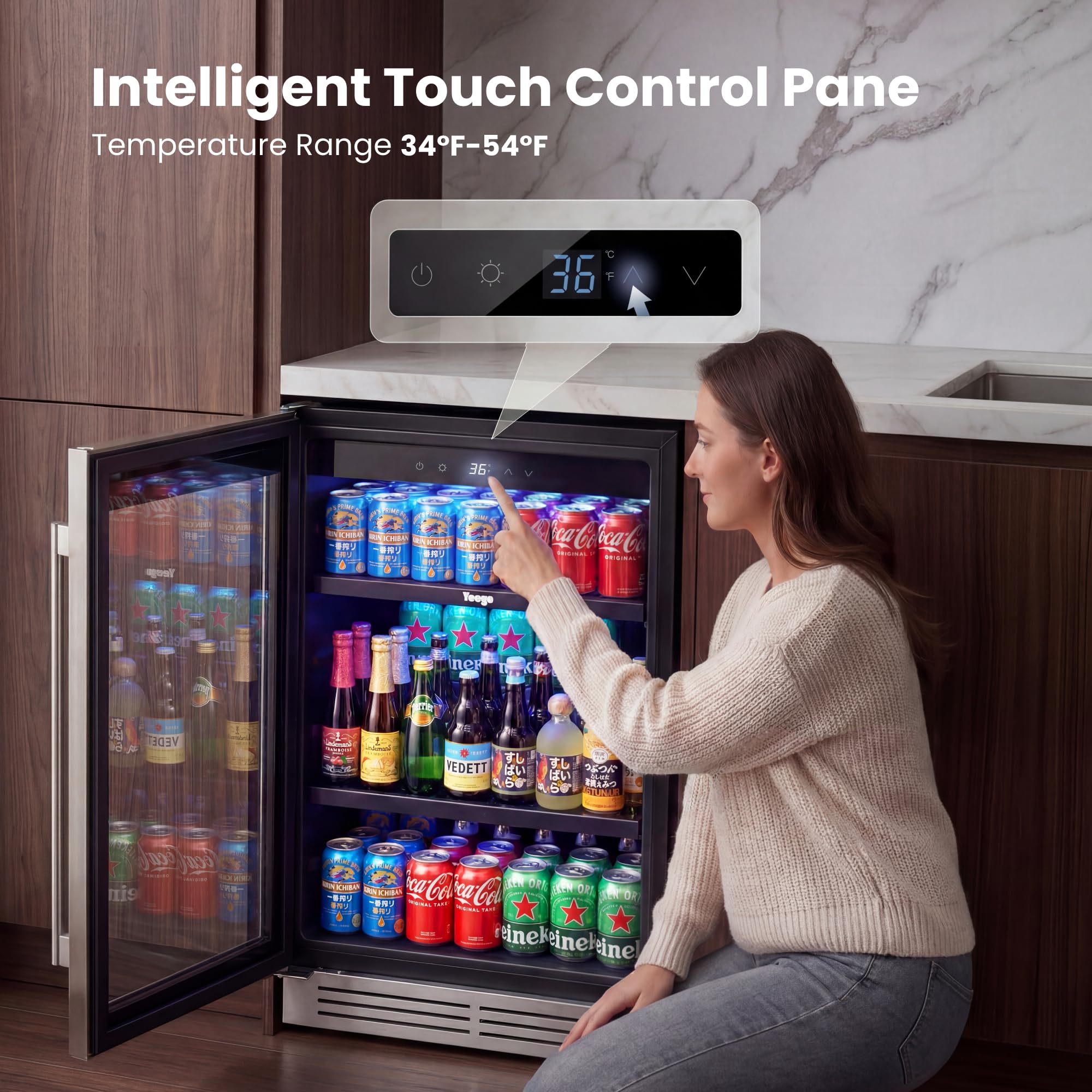 YEEGO Beverage Refrigerator & Drink Fridge - 24 Inch 180 Cans Beer Cooler Glass Door, 34-54℉ Under Counter Refrigerator Built-In For Drink Soda Wine For Bar Office Bedroom on Fridge.com - View 5