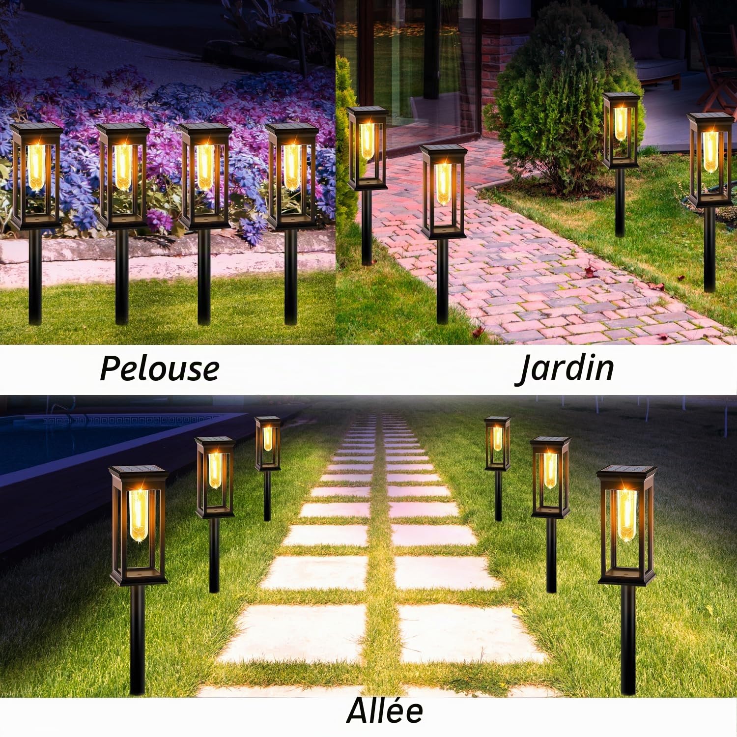 Lampes Solaires Extérieur Jardin, Lot de 6 Lampes pour Allées, Étanche IP65, Eclairage Solaire, Allumage Automatique, 3000K Blanc Chaud, Lumiere Jardin pour Patio, Terrasse, Piscine et Paysage