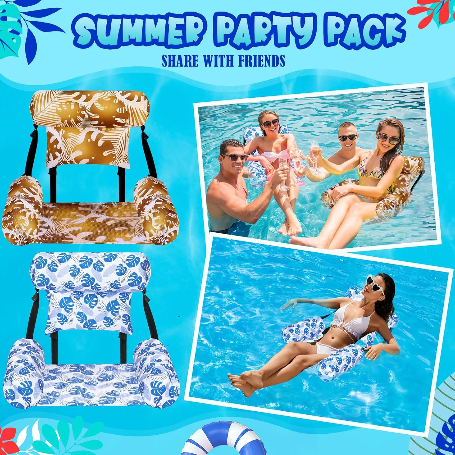 Threehoney 2 Pack Large Pool Chair Floats Adult Inflatable Pool Lounge Chair Summer Pattern Water Floating Chair Adjustable Pool Float Hammock for Swimming Pool Beach Party Game