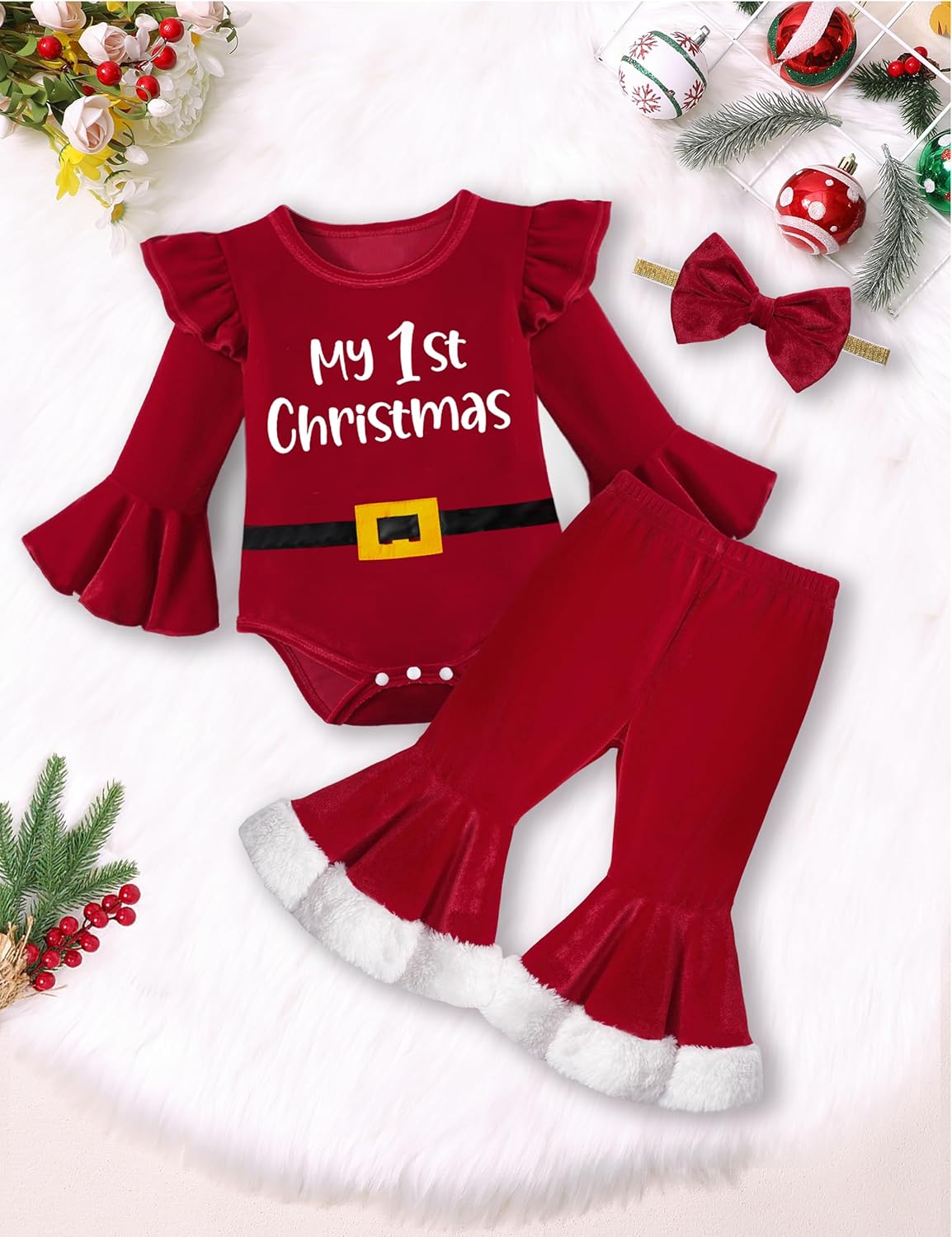 Baby Girl Christmas Outfit Ruffle Long Sleeve My 1st Christmas Romper + Velvet Bell Bottoms + Headband 3Pcs - Image 4