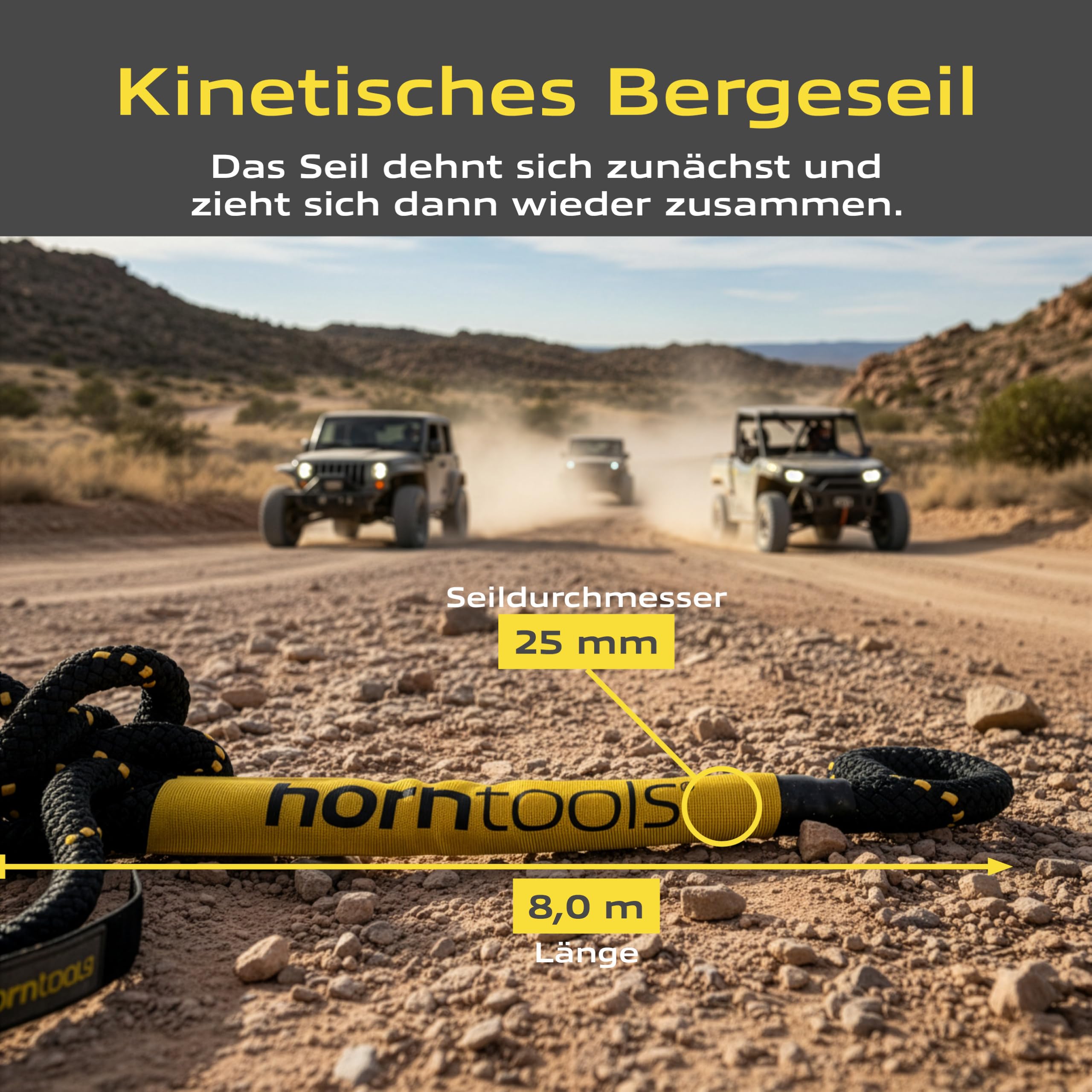 horntools Bergeseil kinetisch 24mm x 6,5m 12,7t Bruchlast, 6t WLL, schwarz, Abschleppseil PKW, Offroad, für LKW Jeep ATV UTV Traktor Straßenrettung