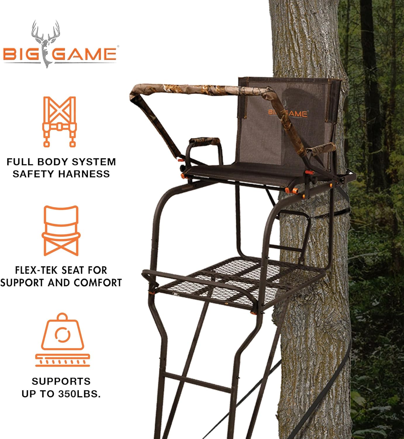BIG GAME 1-Person Ladder Tree Stand for Hunting Deer, Flex-Tek Seat, Black - Adjustable Climbing Treestand with Platform and Safety Harness for Shooting