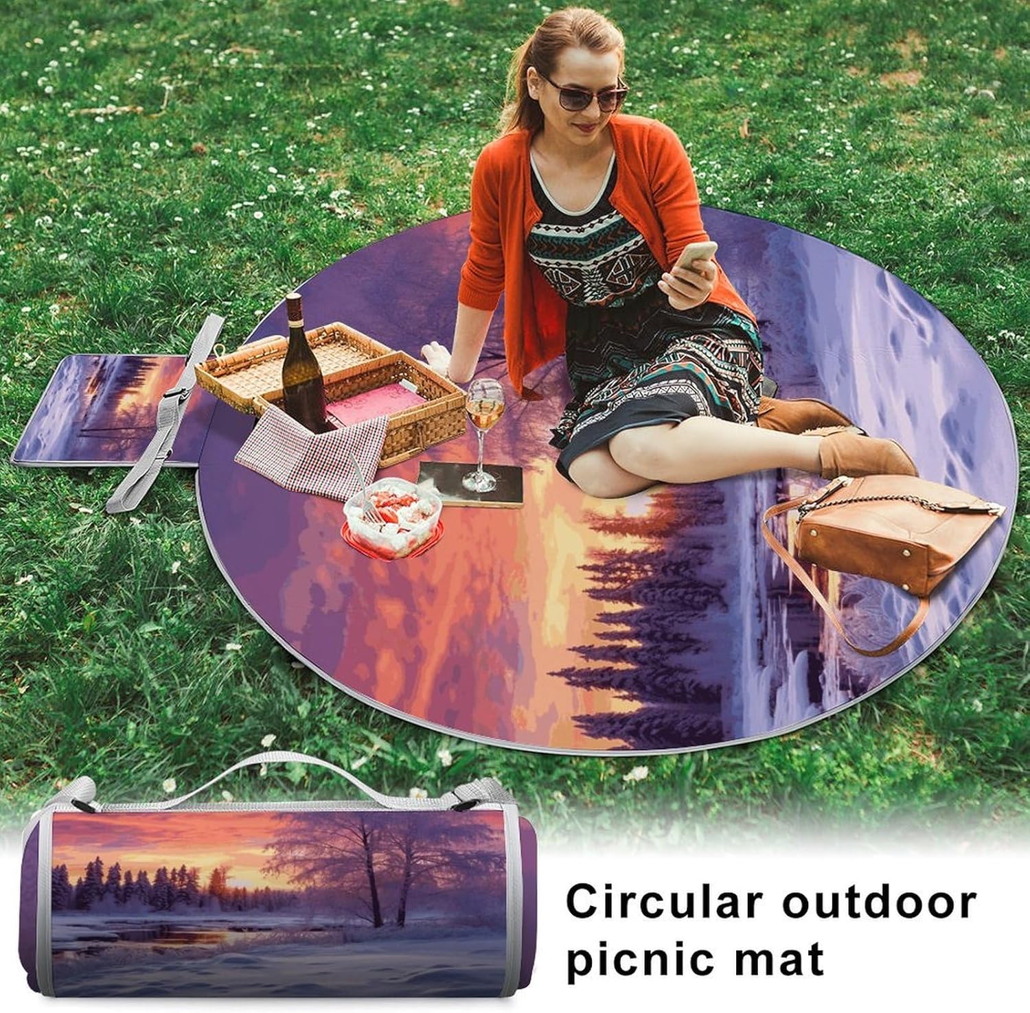 Winter Landscape Picnic Mat Lightweight Waterproof Picnic Blankets Extra Large Picnic Outdoor Blankets Foldable Sandproof Beach Blanket for Park Beach Camping Courtyard 58.3''x58.3''