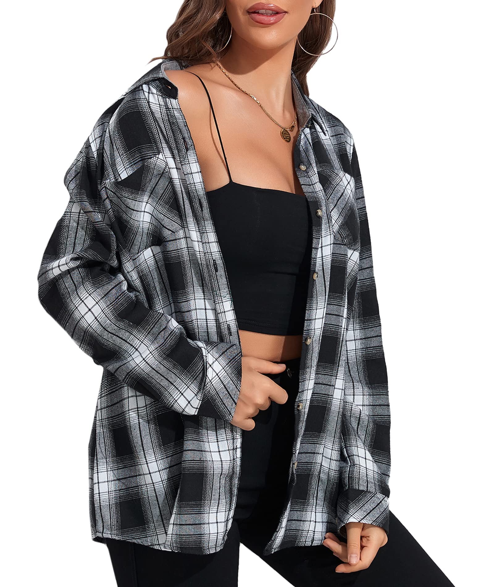 Deer Lady Plaid Flannel Shirts for Women Buffalo Plaid Shirts Oversized Long Sleeve Casual Button Down Blouse Top