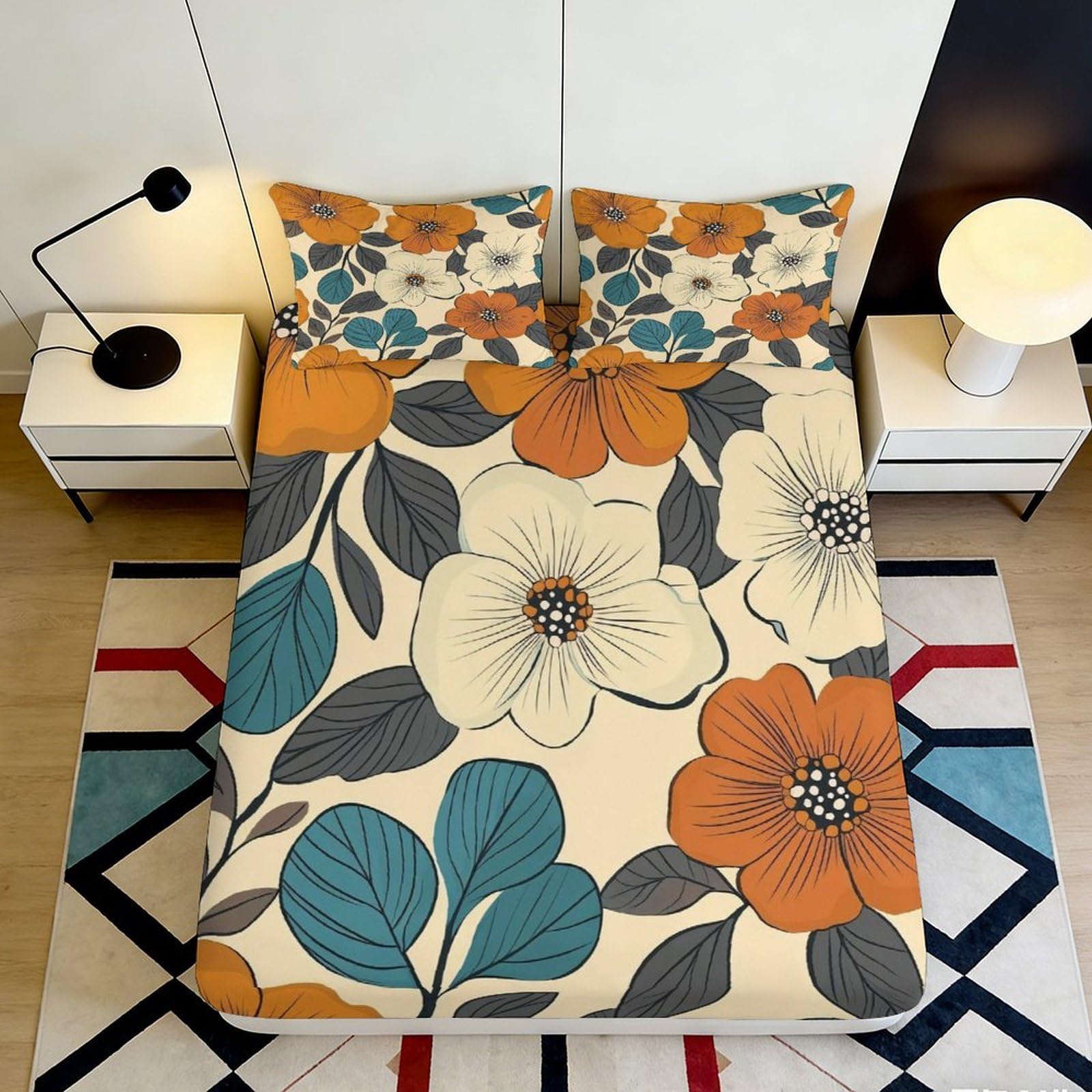 Jwndfkpvxzgl Style-7 3D Printed Floral Orange Blue Fitted Sheet Microfiber Soft Bedroom Decor Mattress Cover Dustproof For Home Use 90X200x25cm