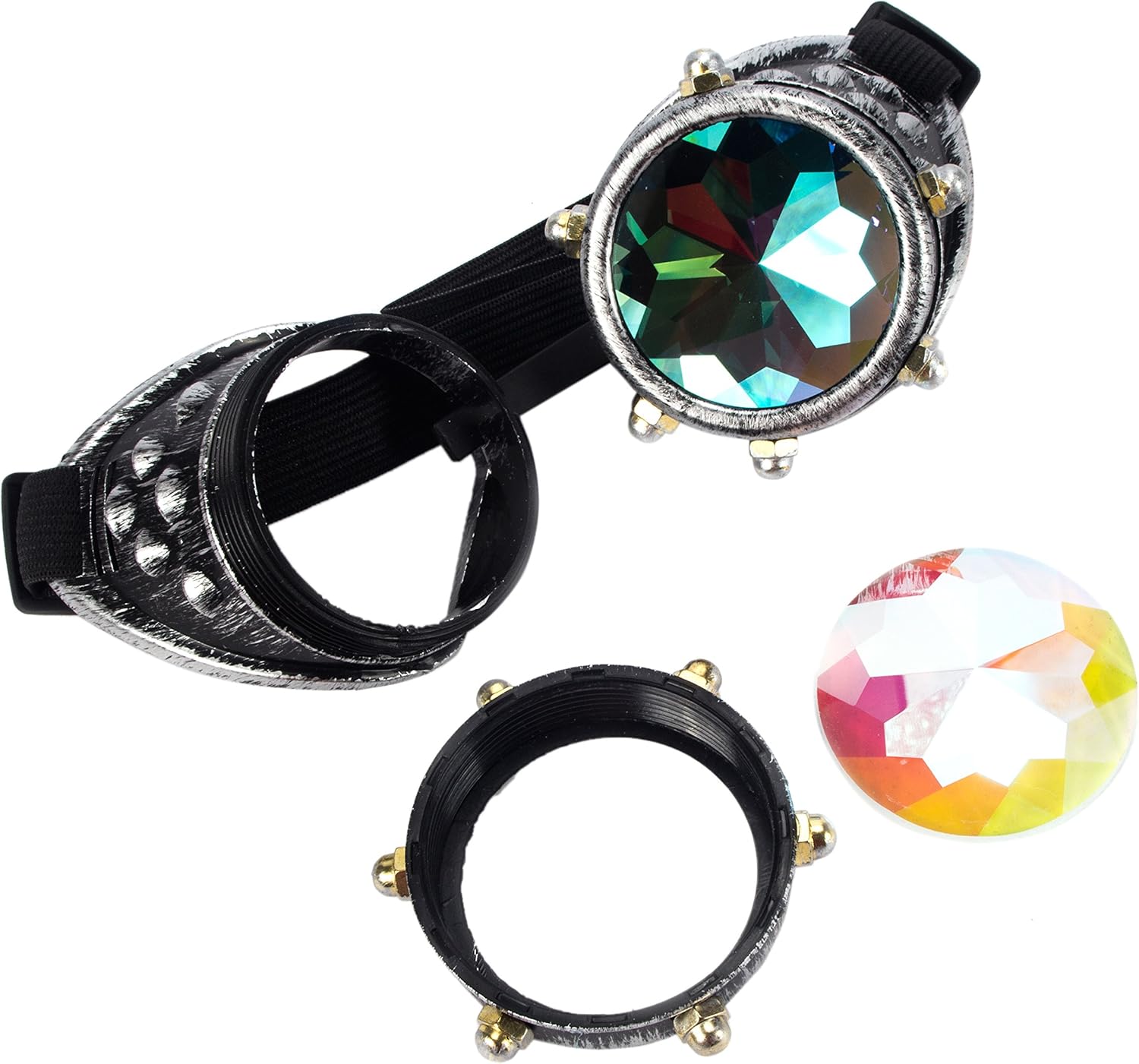 Kaleidoscope Rave Rainbow Crystal Lenses Steampunk Goggles Spike Halloween