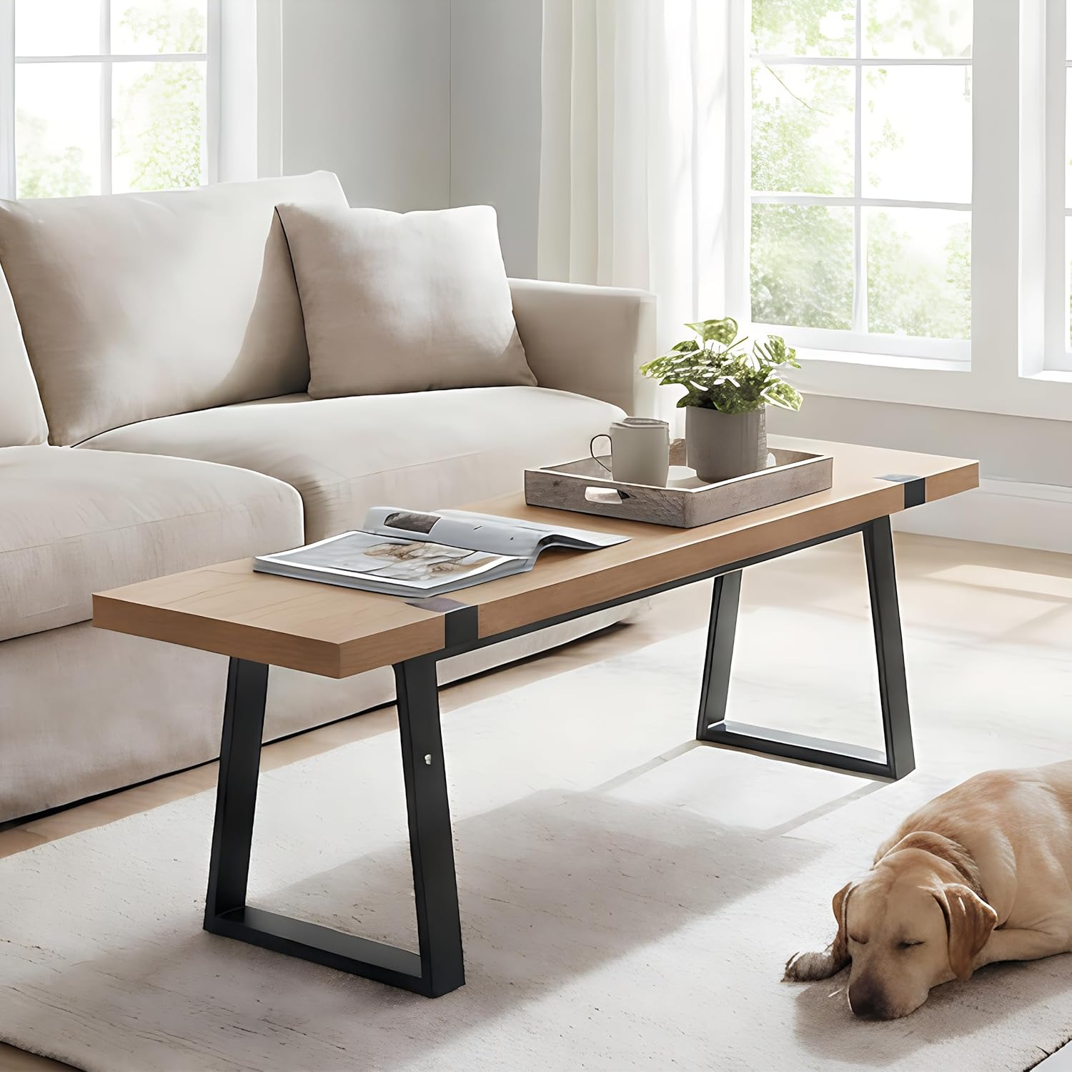 Wahson 60" Dining Bench, Natural Wooden Table Bench with Metal Legs, Modern Kitchen Bench for Enrtyway/Indoor/Dining Room