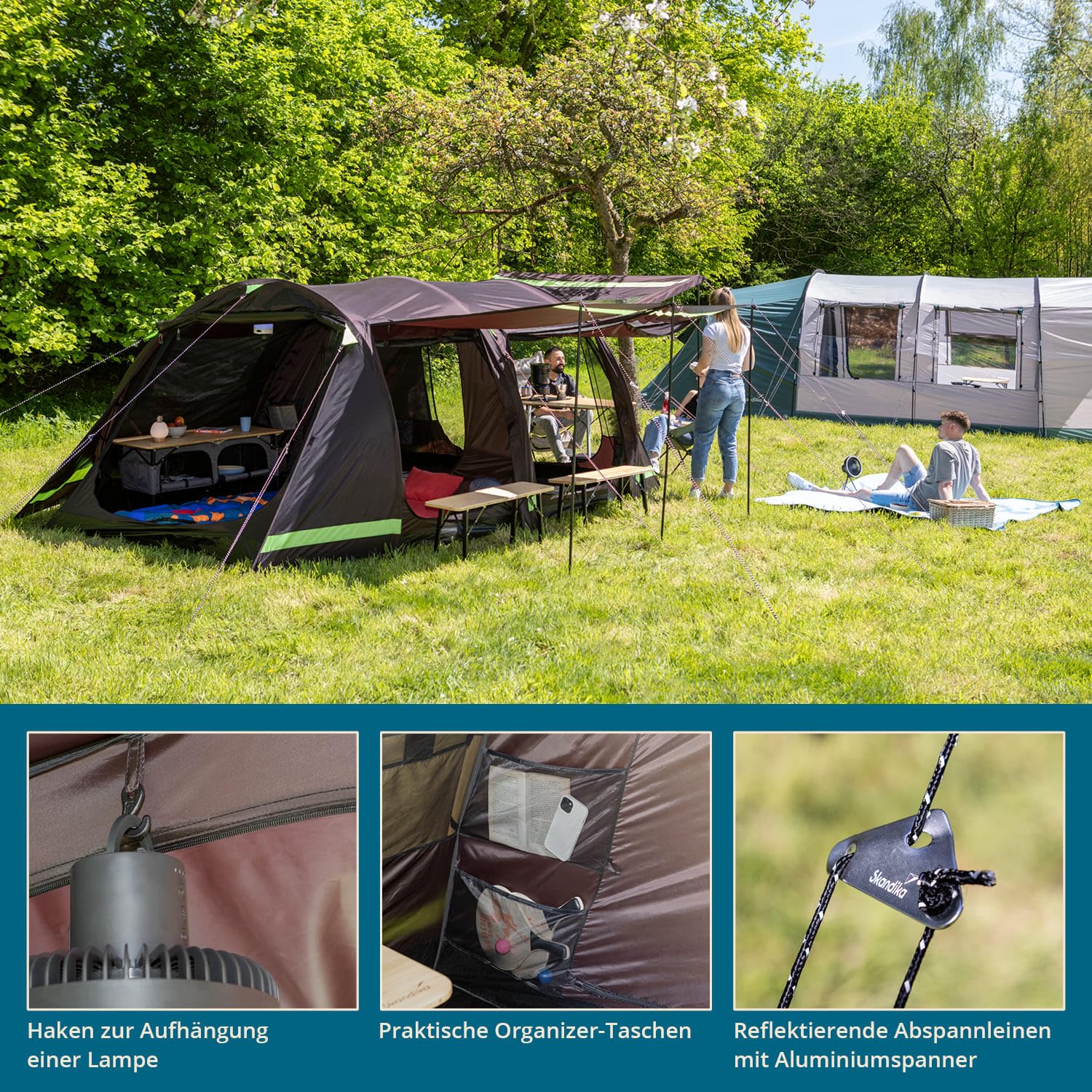 Skandika Tenda a tunnel Solheim, per 4/6 persone, pavimento della tenda cucito, colonna d'acqua 3000 mm, UPF 50+, con zanzariera e tettuccio parasole, tende, tenda familiare