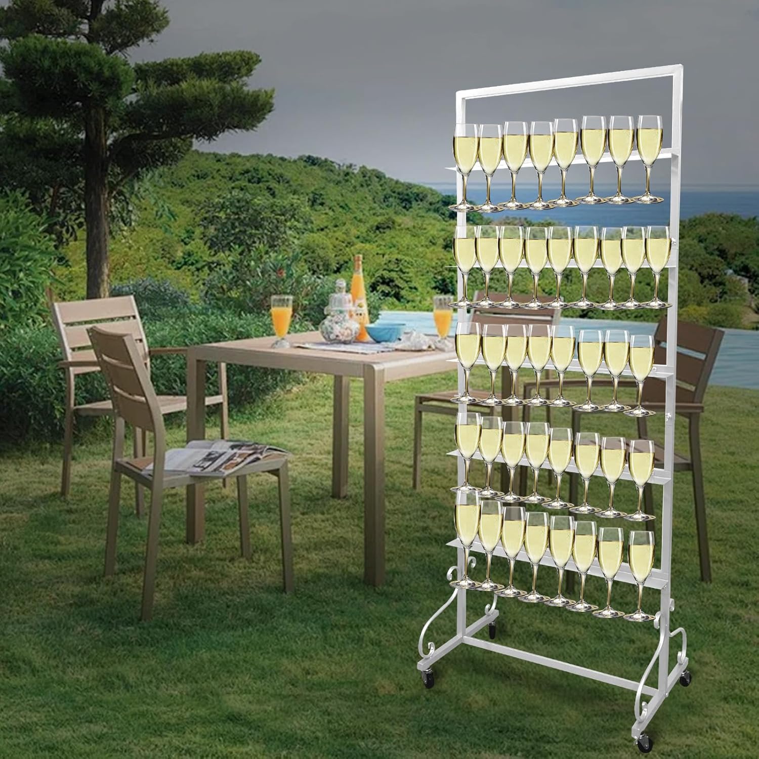 Champagne Glass Holder Champagne Wall Holder for Party, 5-Tier White Metal Champagne Flutes Display Stand Hold 40 Glasses with Swivel Casters for Wedding, Glasses Not Inc (White)