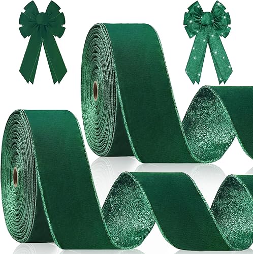 Miniatura 7 de Wavyknot 2 cintas de terciopelo con alambre de 2.5 pulgadas x 10 yardas, cinta tradicional con borde de alambre con purpurina, cinta de doble cara