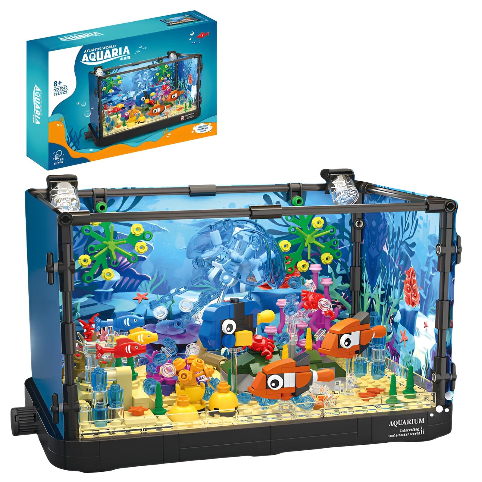 Fuleying Fish Tank Building Block, Aquarium Building Sets for Adults, Including Ocean Jellyfish, Crab, Fish, Animal Building Toys, Home Office Decor, 725pcs