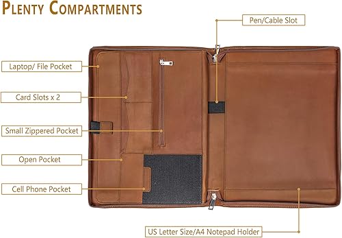 Miniatura 8 de Cartera de cuero de negocios, hecha a mano, de cuero de grano completo, carpeta de documentos ejecutiva con cremallera para hombres y mujeres, funda