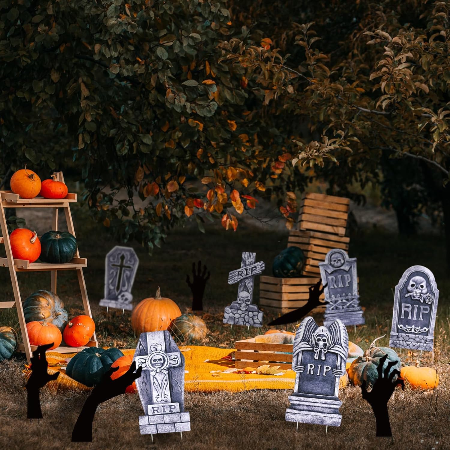 Yerliker Halloween Yard Decoration Signs 6 Pcs Tombstone for Halloween Decorations Graveyard Decor 5 Pcs Black Hand Shaped Yard Signs Horror Silhouette Decor Headstones for Party Outdoor Lawn Garden