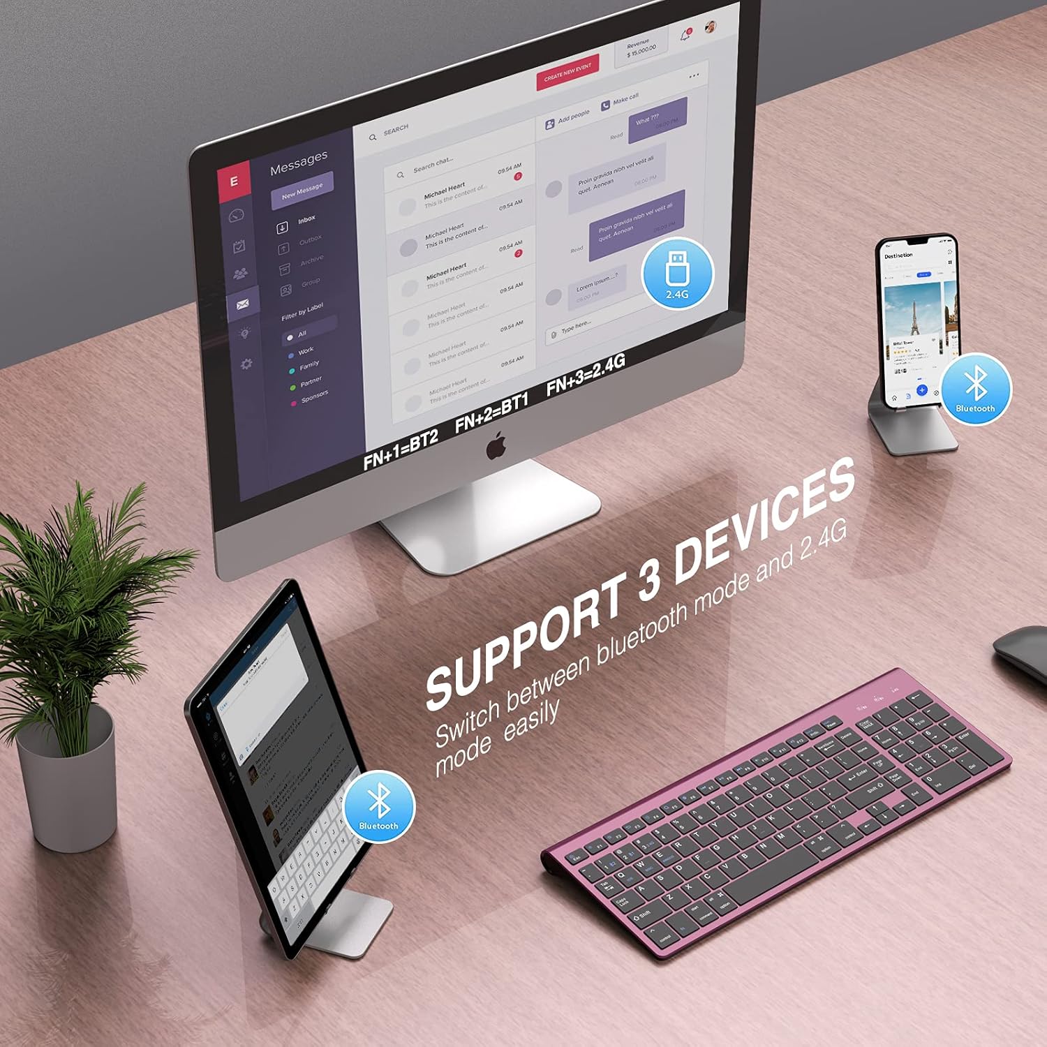 Keyboard connected to a desktop, tablet, and smartphone, showing multi-device switching