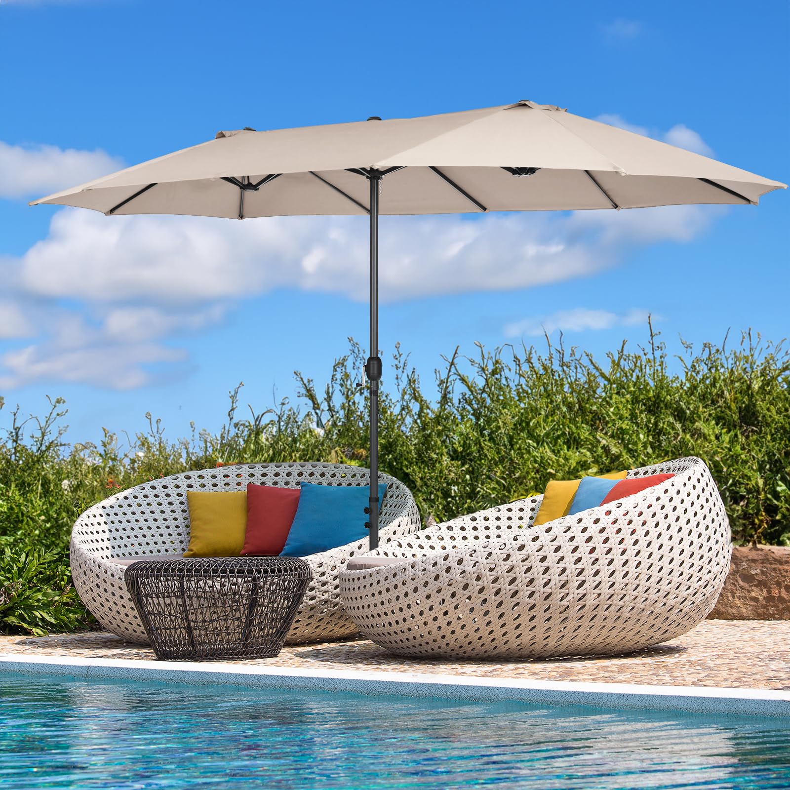RELAX4LIFE Ombrellone Doppio da Giardino, Ombrellone da Balcone con Manovella, Parasole Impermeabile per Giardino, Patio, Coltile e Terrazza (Beige, 470 x 280 cm)